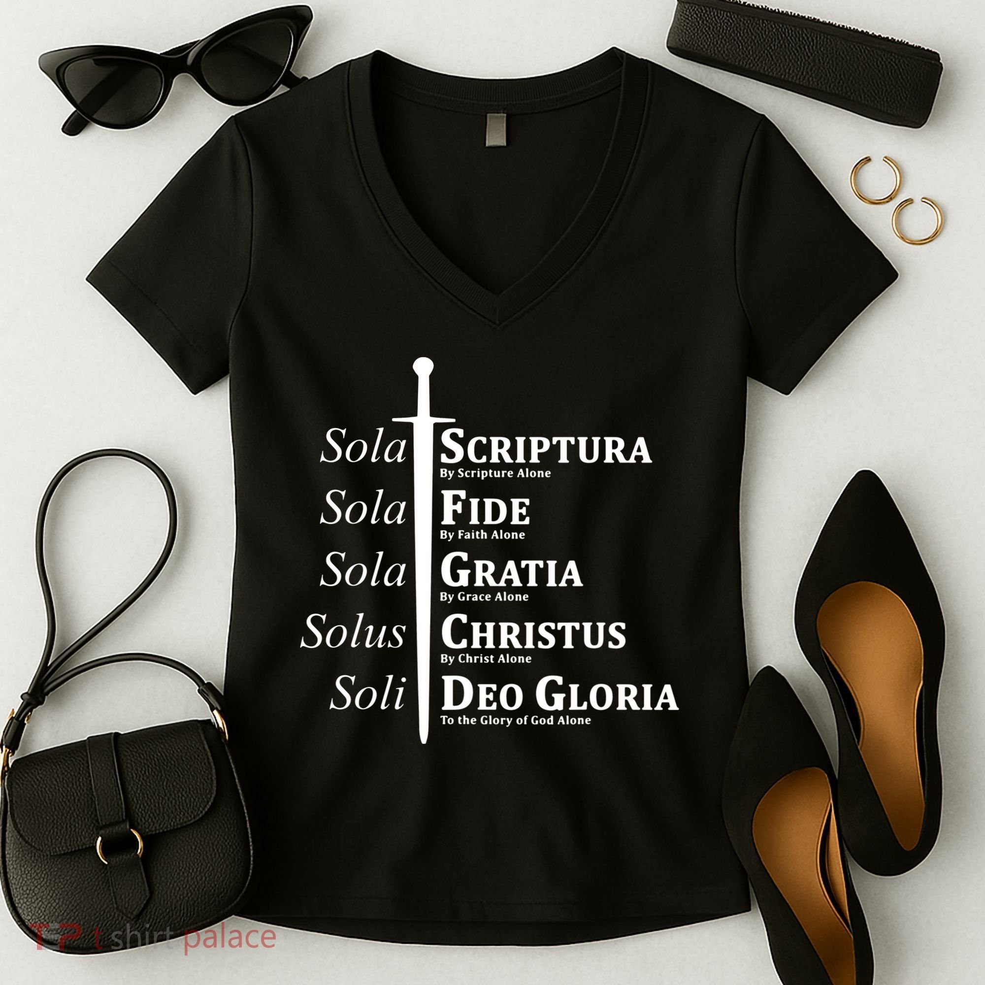 Five Solas Reformed Christian Women's V-Neck T-Shirt