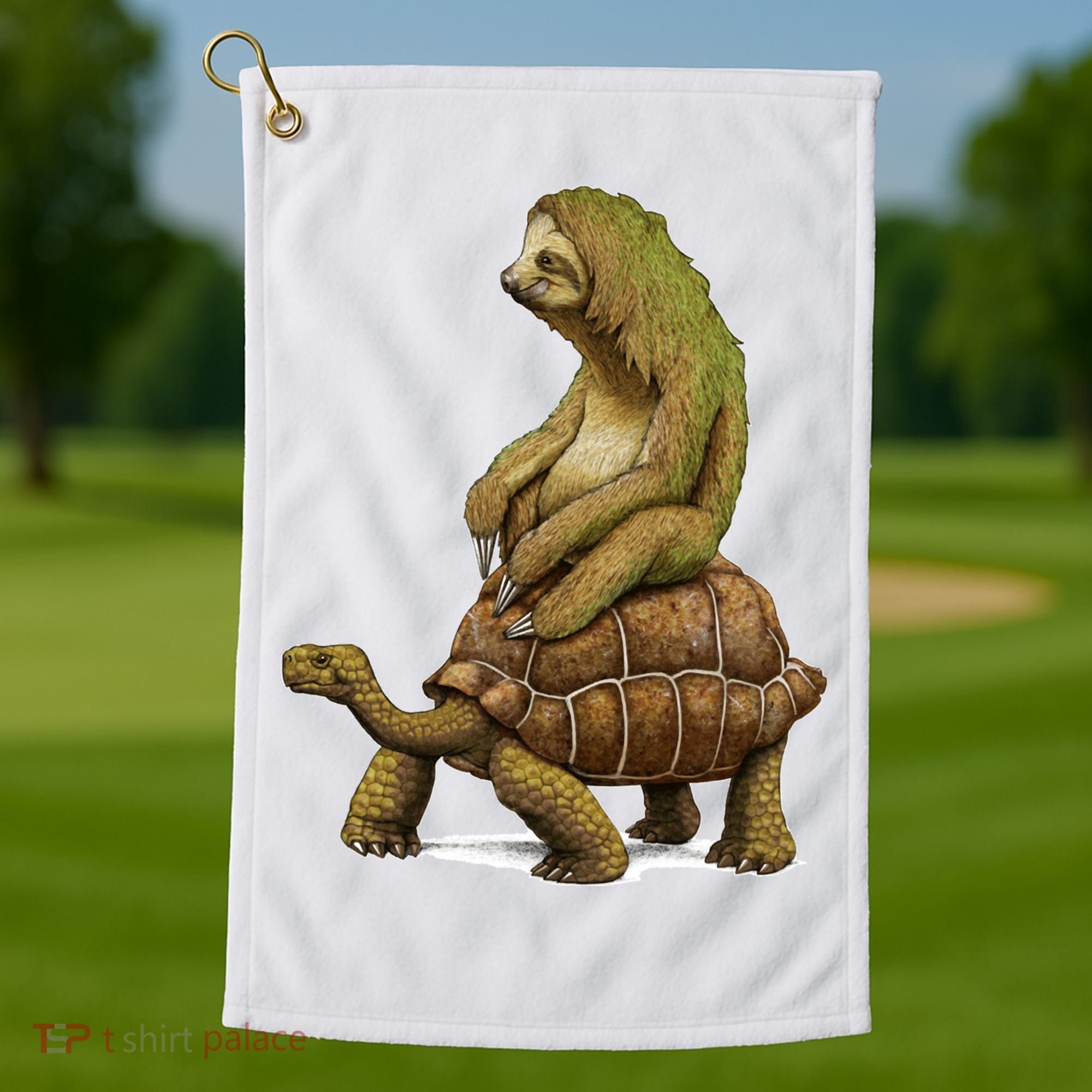 Funny Sloth Riding Turtle Speed Is Relative Golf Towel