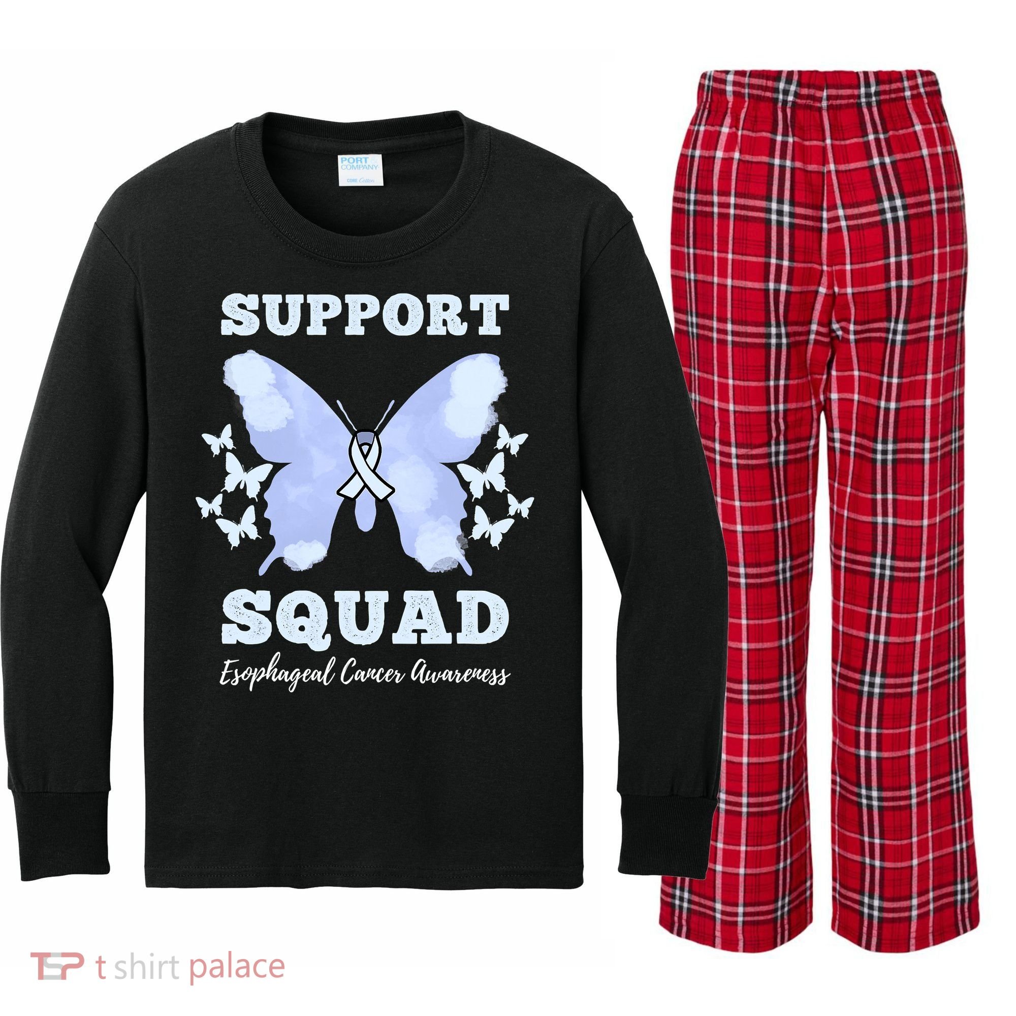 Funny Support Squad Esophageal Cancer Awareness Kids Long Sleeve Plaid Pajama Set