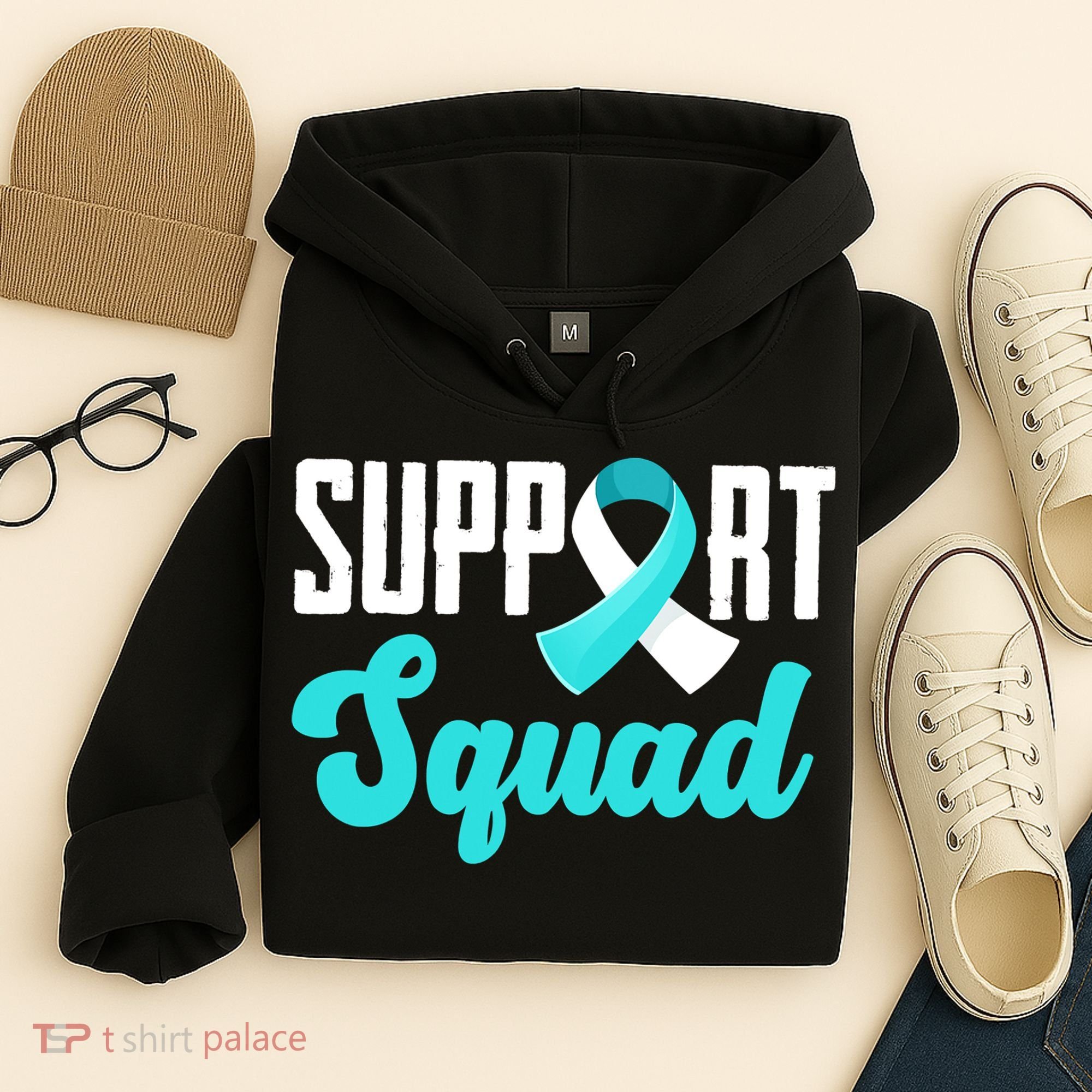 Funny Support Squad Teal White Ribbon Cervical Cancer Awareness Hoodie