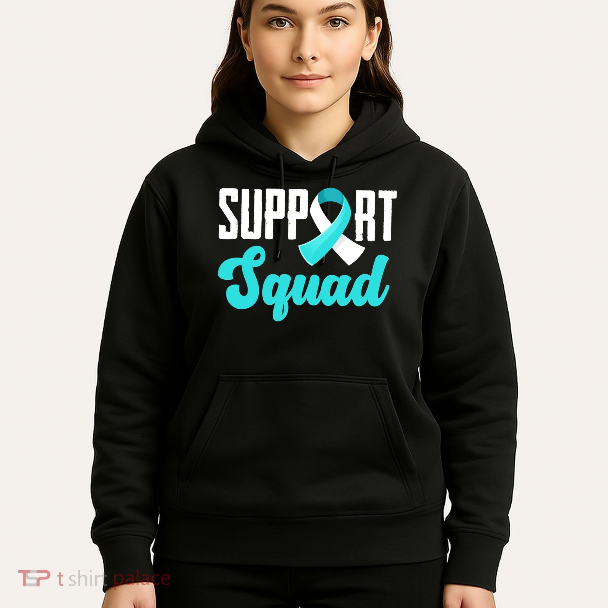 Funny Support Squad Teal White Ribbon Cervical Cancer Awareness Hoodie