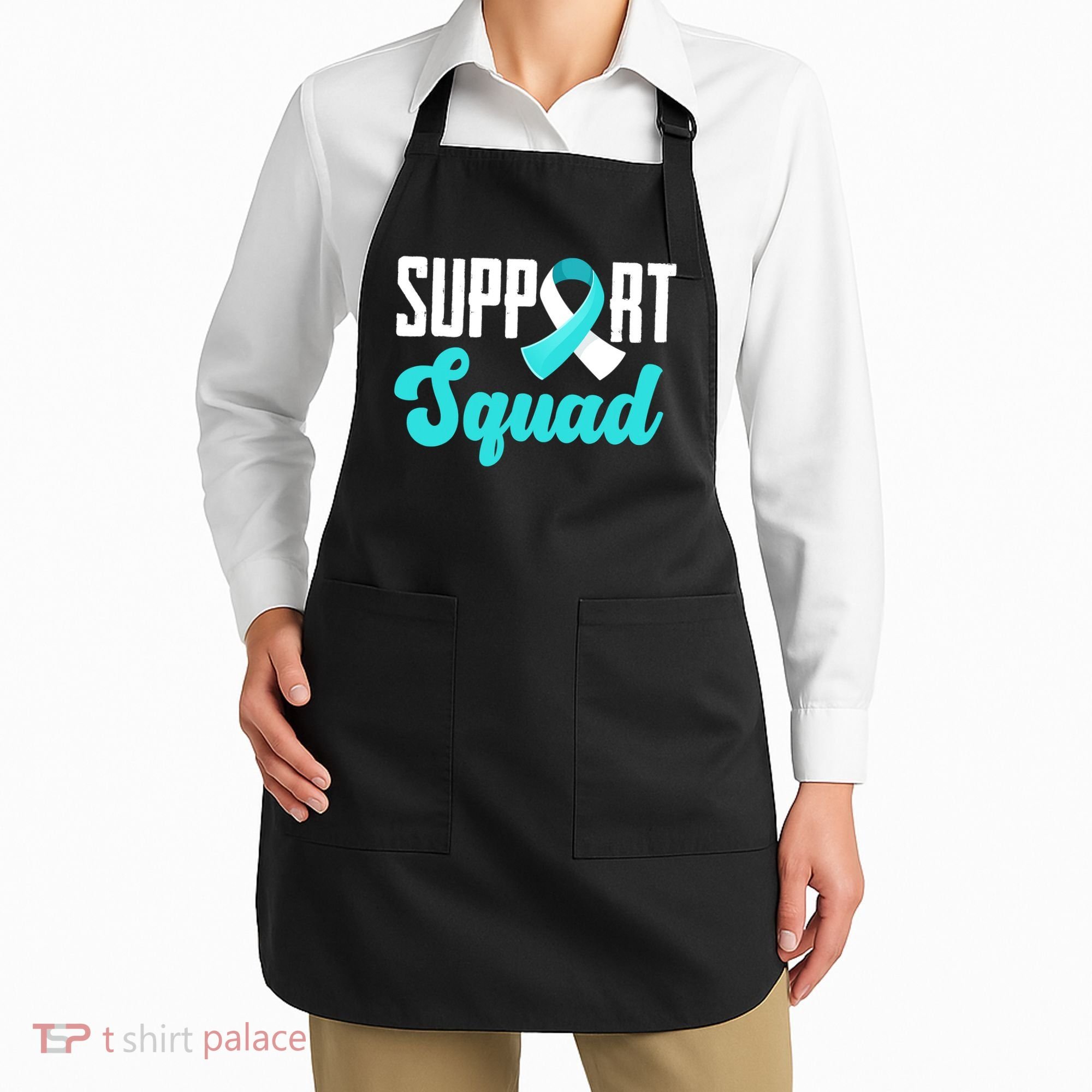 Funny Support Squad Teal White Ribbon Cervical Cancer Awareness Apron
