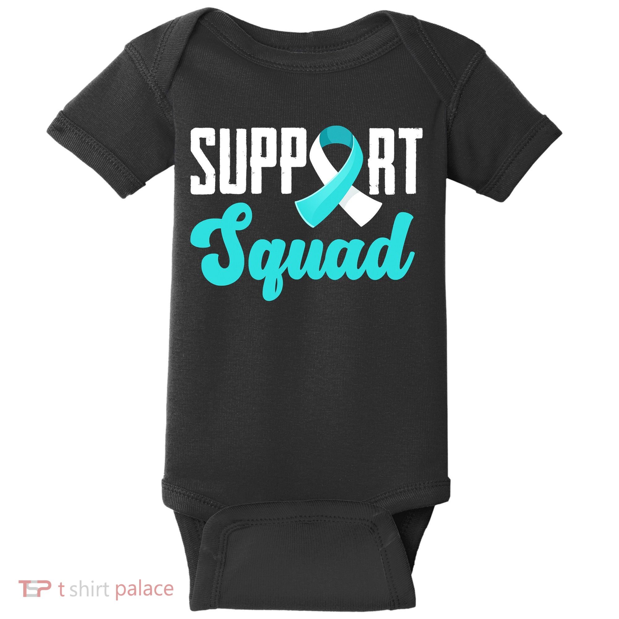 Funny Support Squad Teal White Ribbon Cervical Cancer Awareness Baby Bodysuit