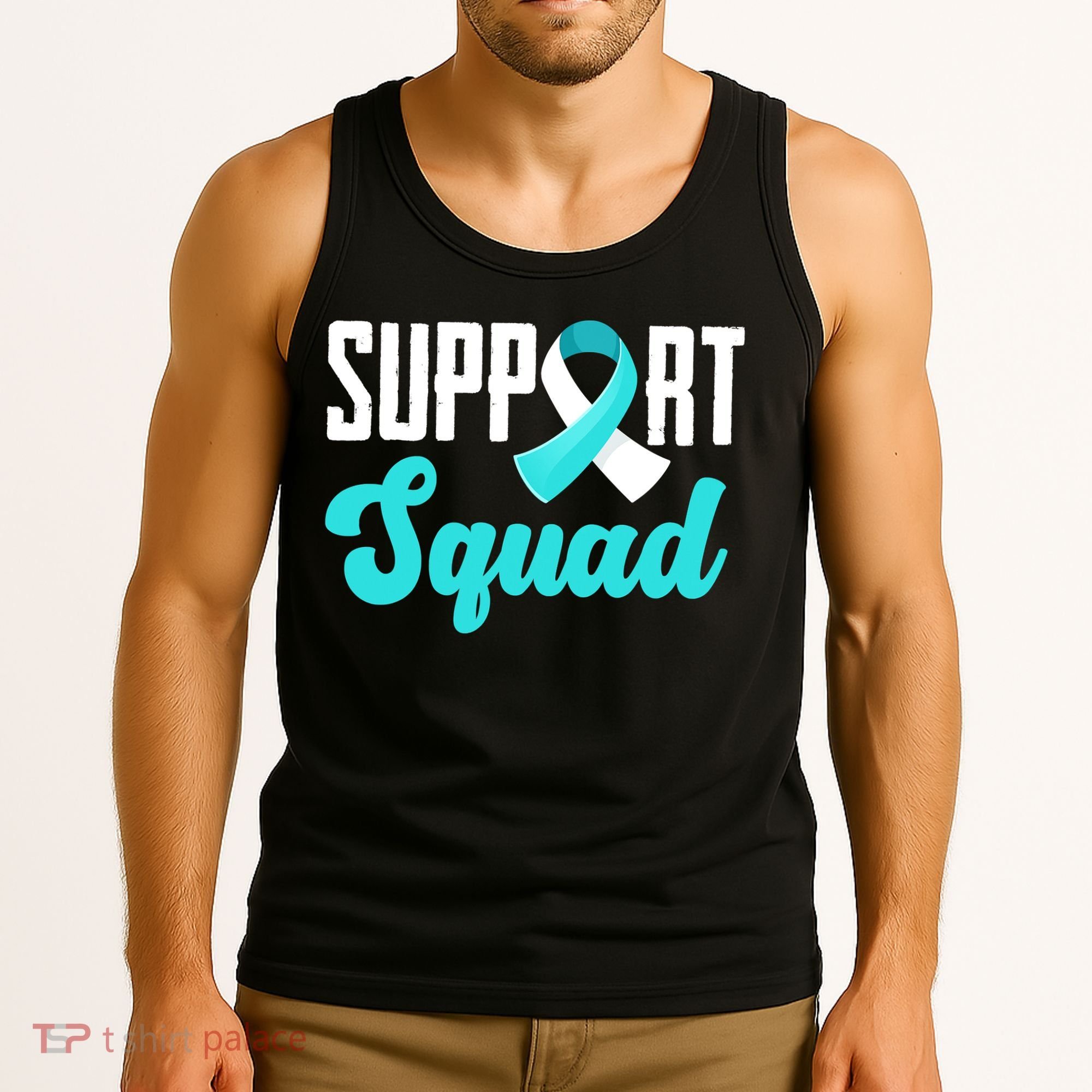 Funny Support Squad Teal White Ribbon Cervical Cancer Awareness Tank Top