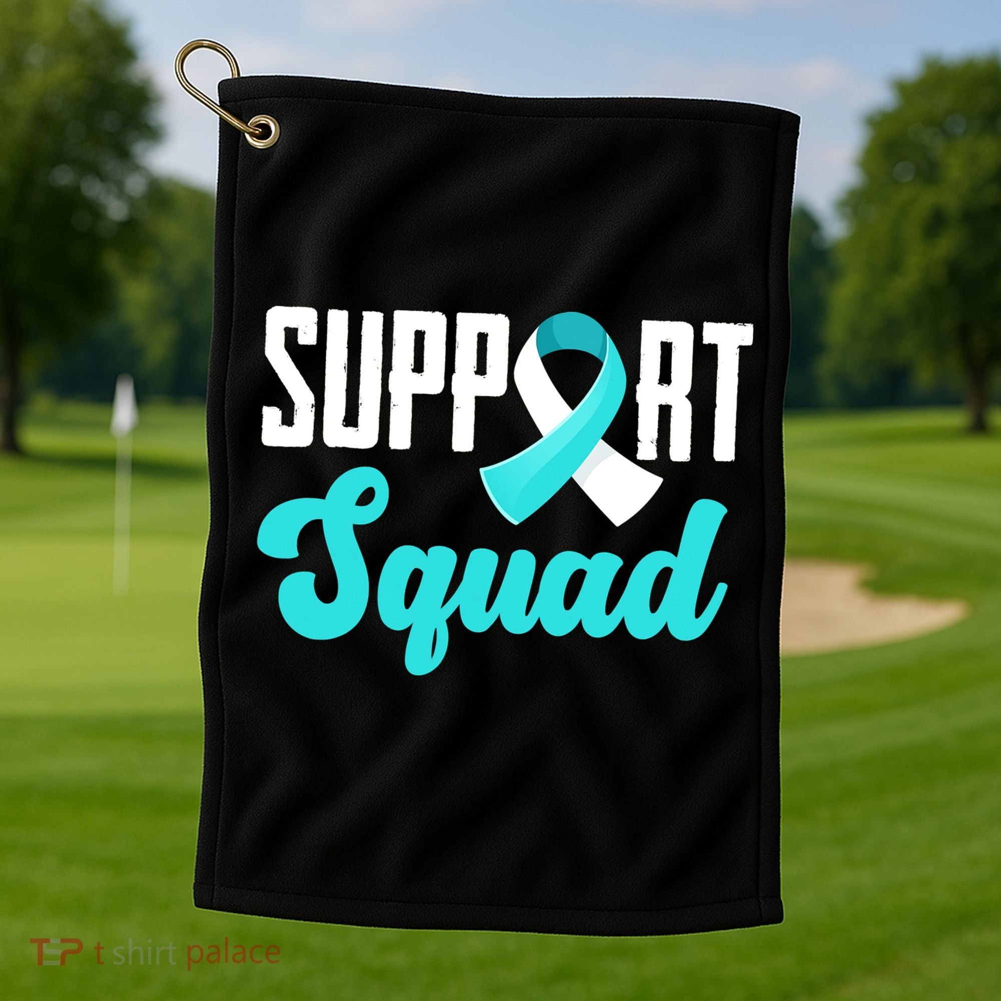 Funny Support Squad Teal White Ribbon Cervical Cancer Awareness Golf Towel