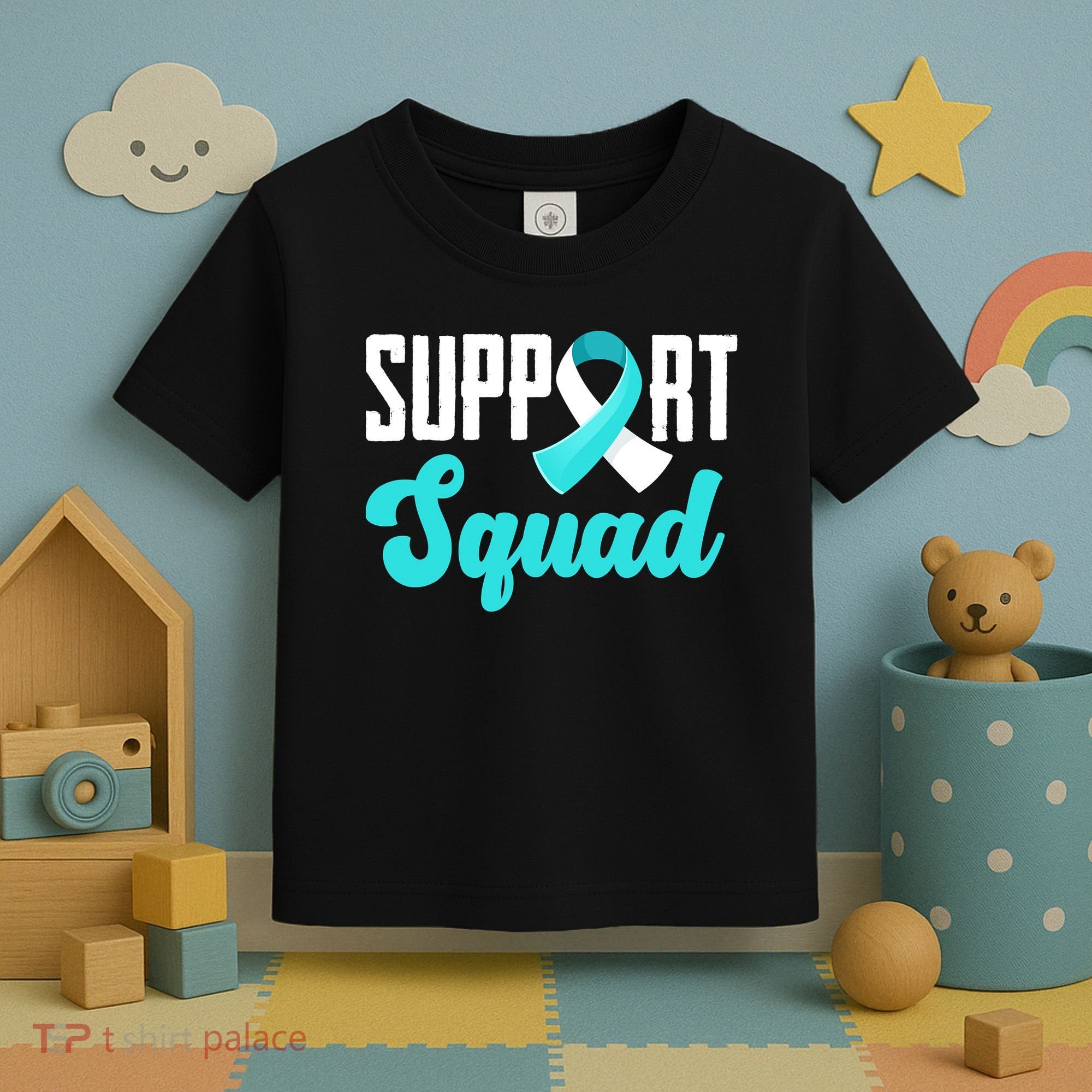 Funny Support Squad Teal White Ribbon Cervical Cancer Awareness Toddler T-Shirt
