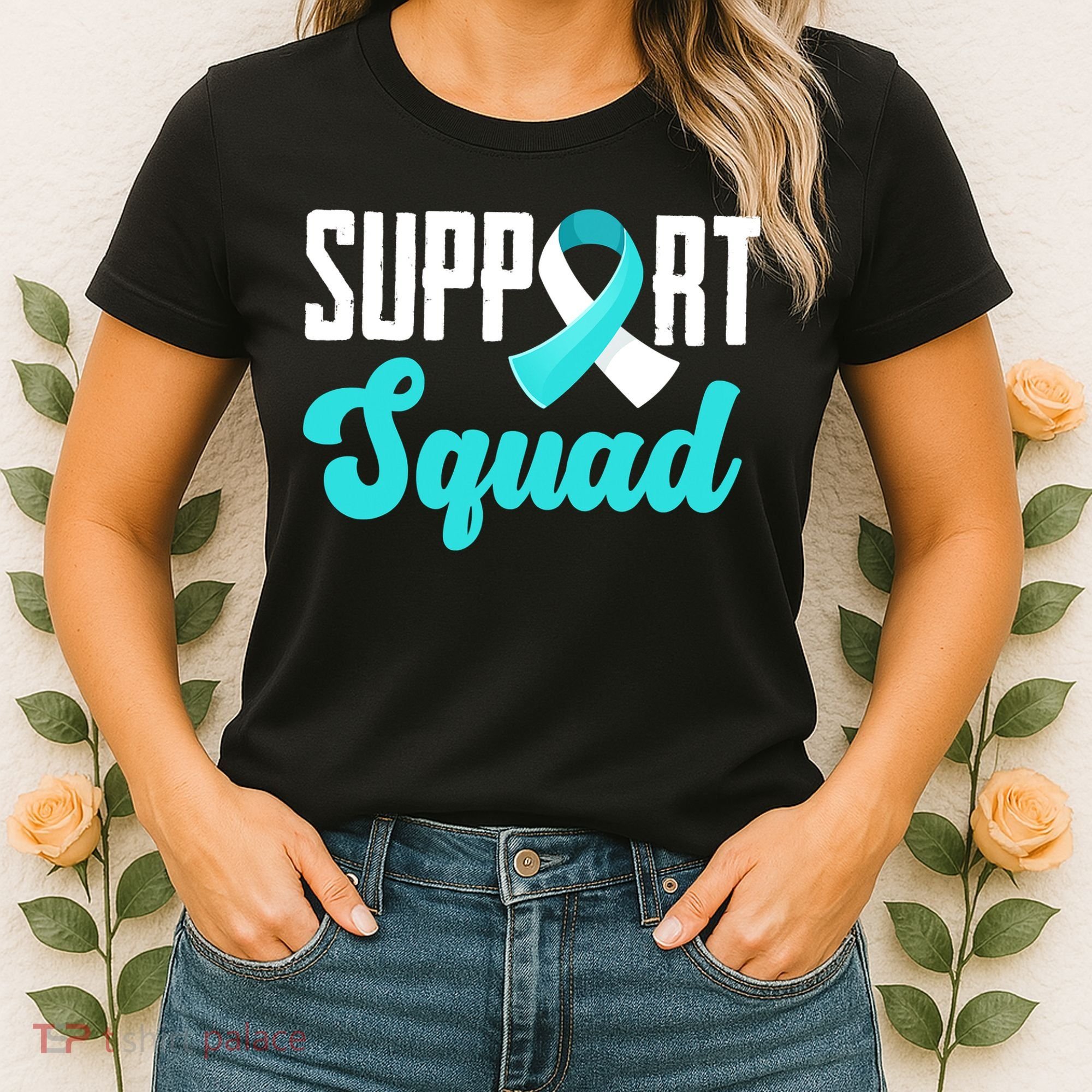Funny Support Squad Teal White Ribbon Cervical Cancer Awareness Women's T-Shirt