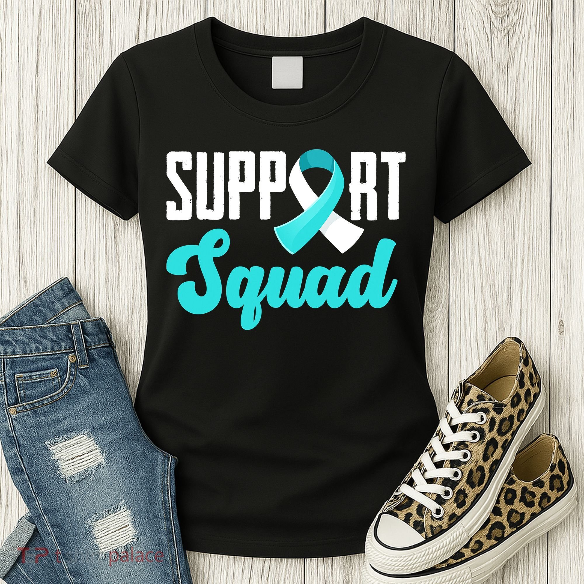 Funny Support Squad Teal White Ribbon Cervical Cancer Awareness Women's T-Shirt