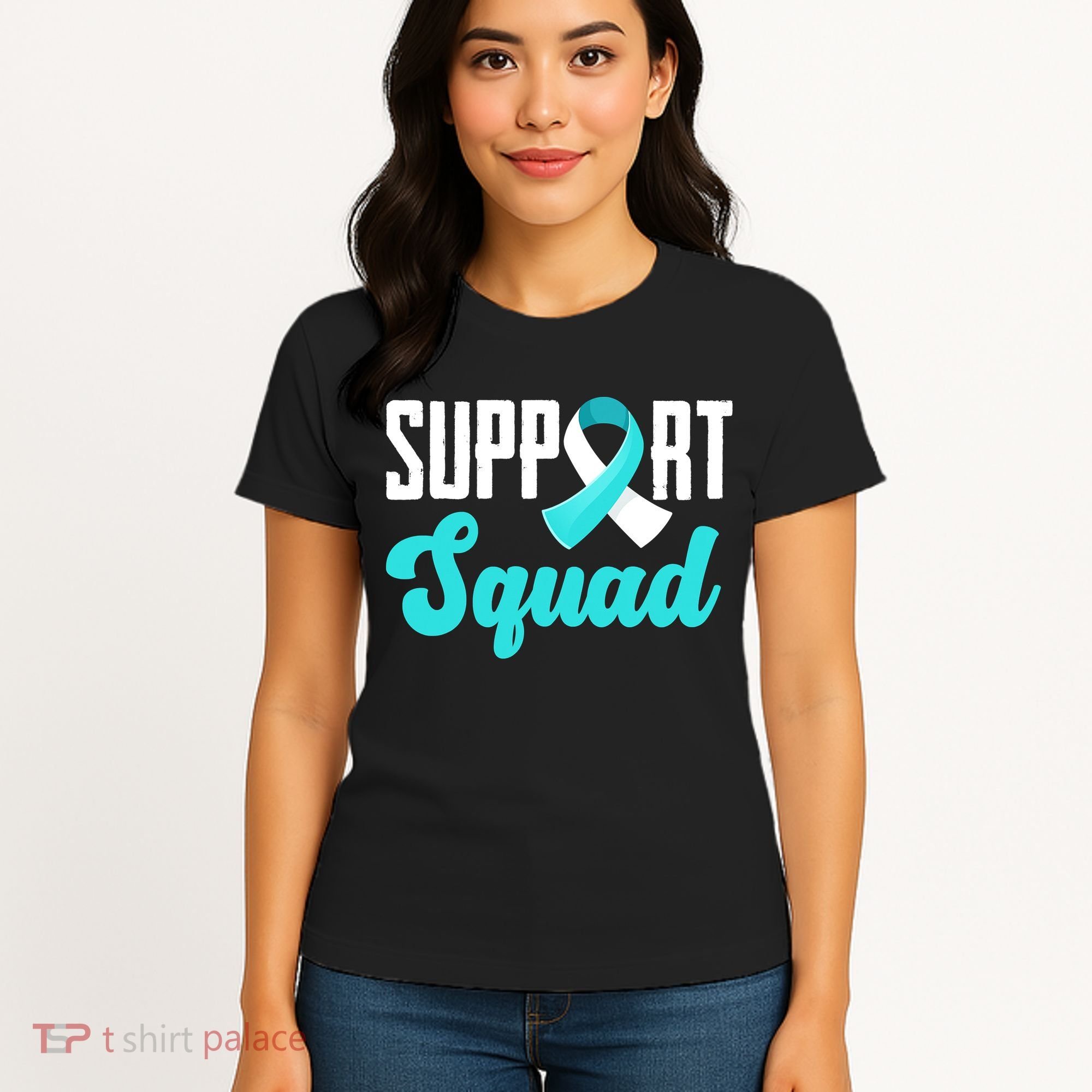 Funny Support Squad Teal White Ribbon Cervical Cancer Awareness Women's T-Shirt