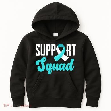 Funny Support Squad Teal White Ribbon Cervical Cancer Awareness Kids Hoodie