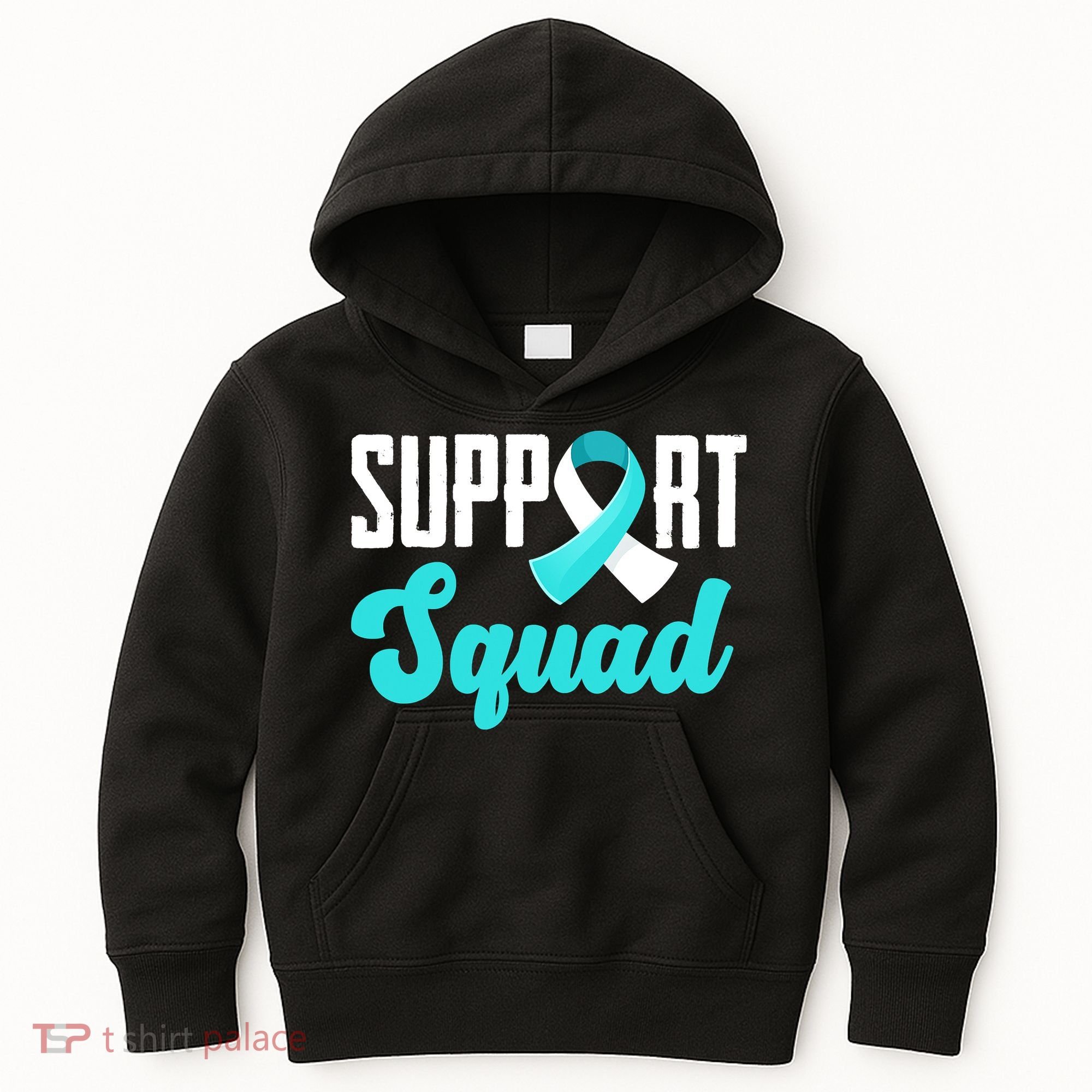 Funny Support Squad Teal White Ribbon Cervical Cancer Awareness Kids Hoodie