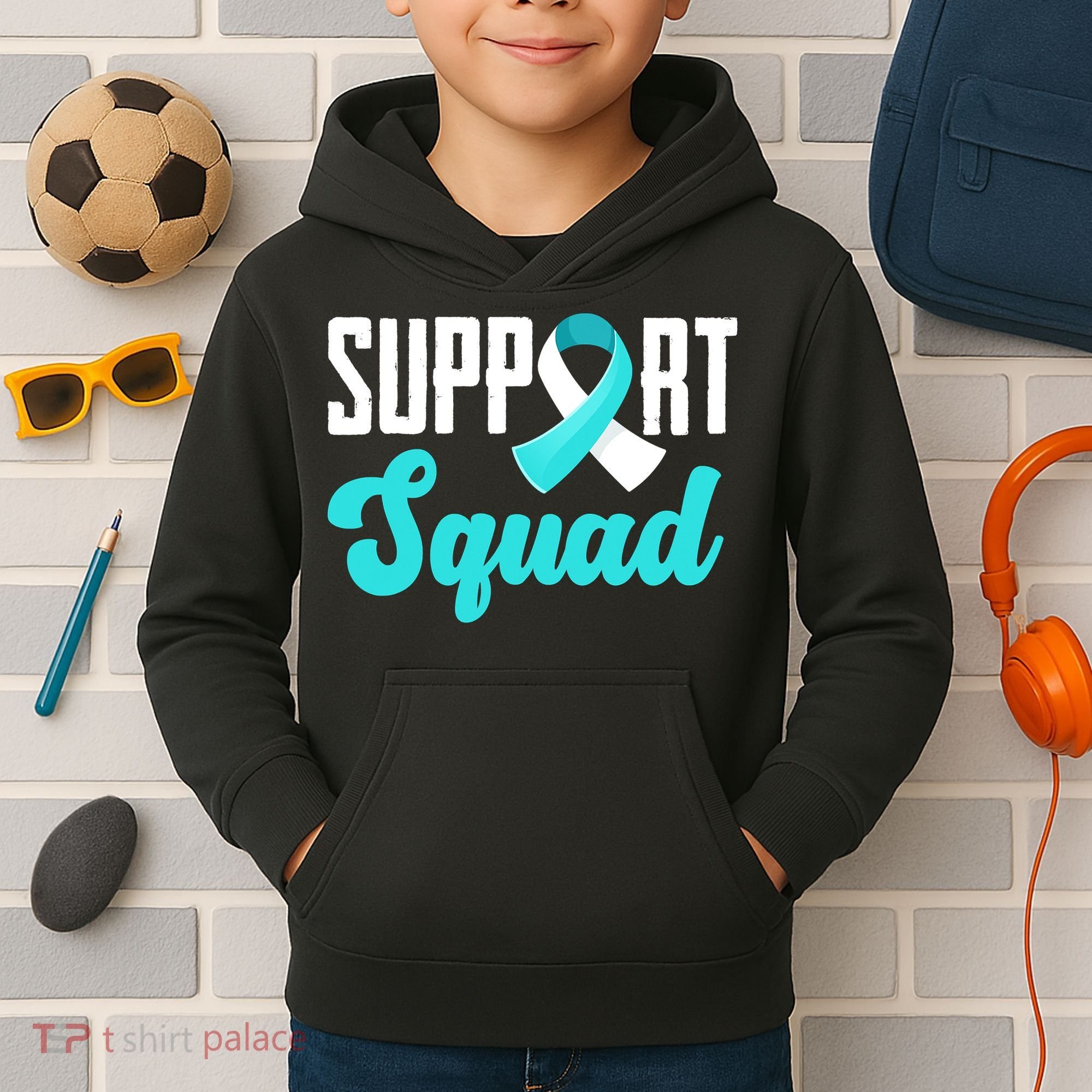 Funny Support Squad Teal White Ribbon Cervical Cancer Awareness Kids Hoodie