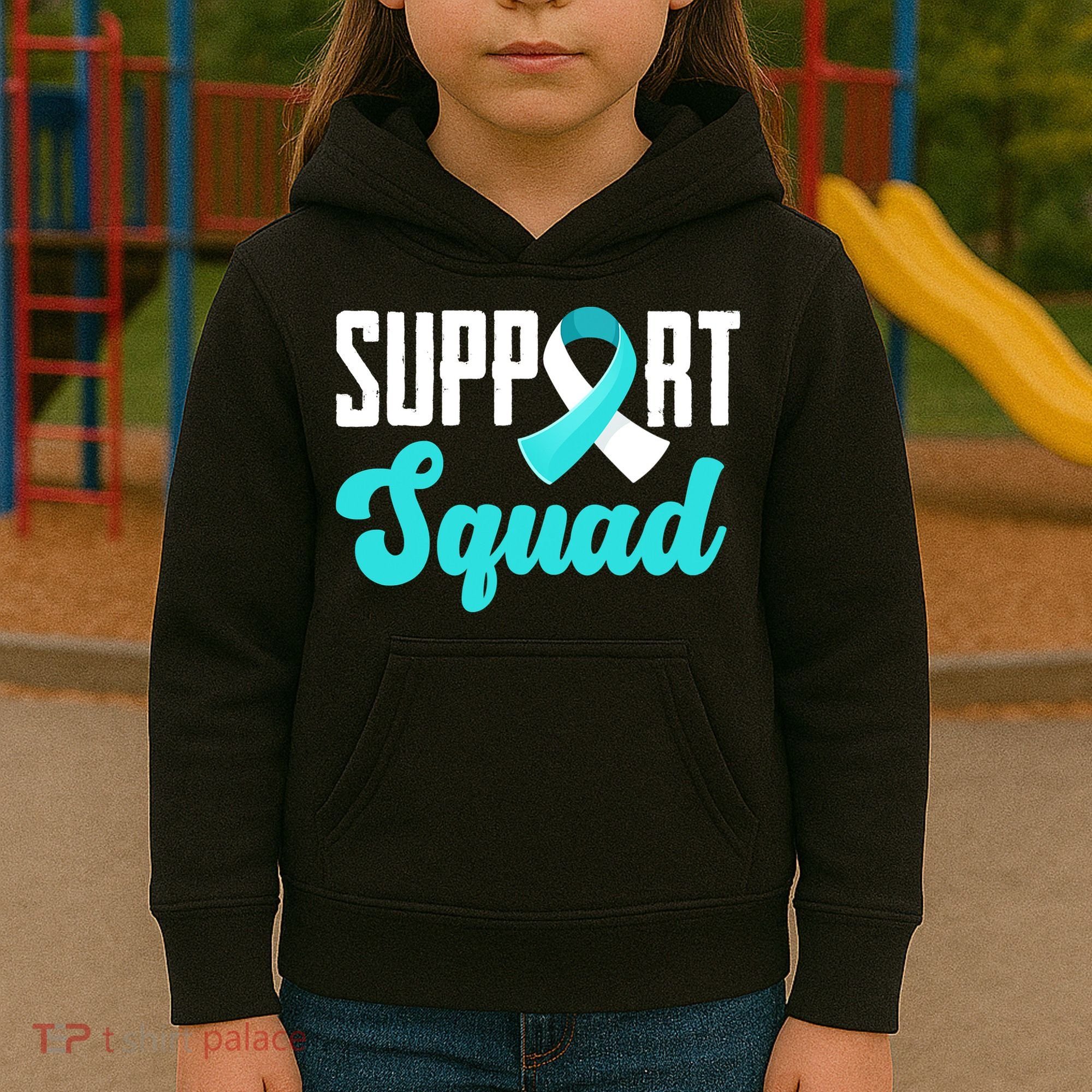 Funny Support Squad Teal White Ribbon Cervical Cancer Awareness Kids Hoodie
