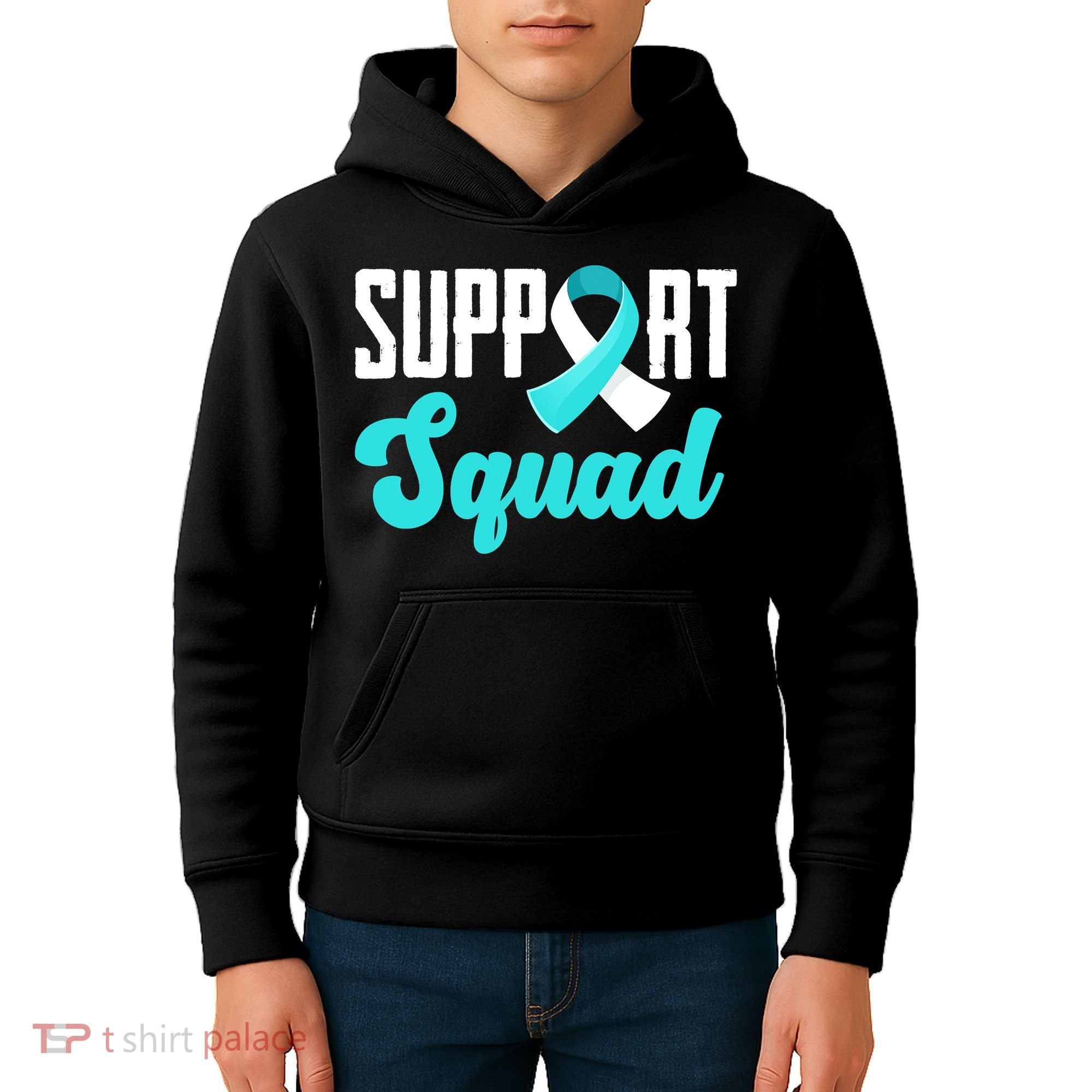 Funny Support Squad Teal White Ribbon Cervical Cancer Awareness Kids Hoodie