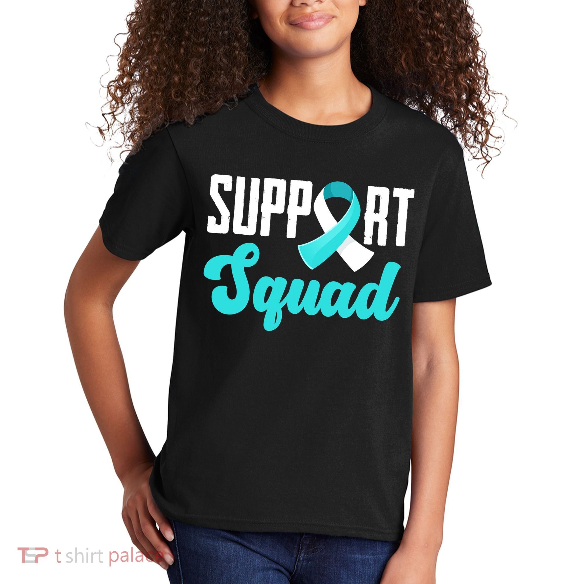 Funny Support Squad Teal White Ribbon Cervical Cancer Awareness Kids T-Shirt