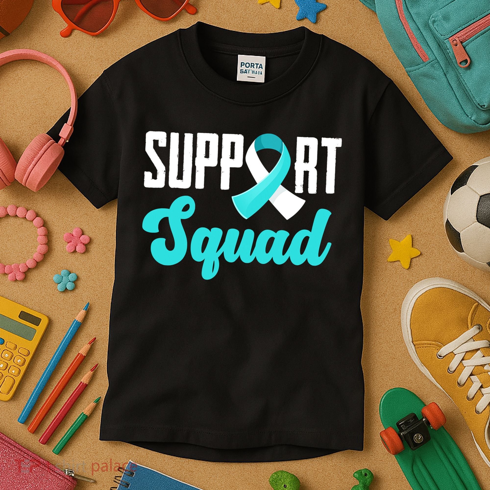 Funny Support Squad Teal White Ribbon Cervical Cancer Awareness Kids T-Shirt