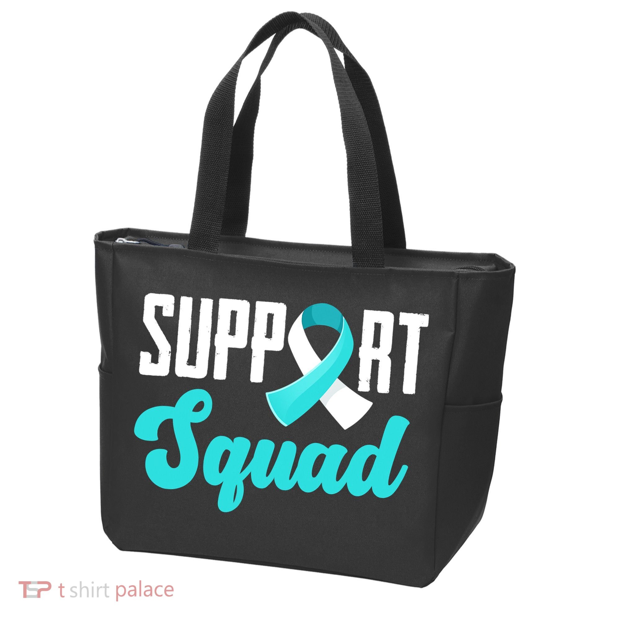 Funny Support Squad Teal White Ribbon Cervical Cancer Awareness Tote Bag