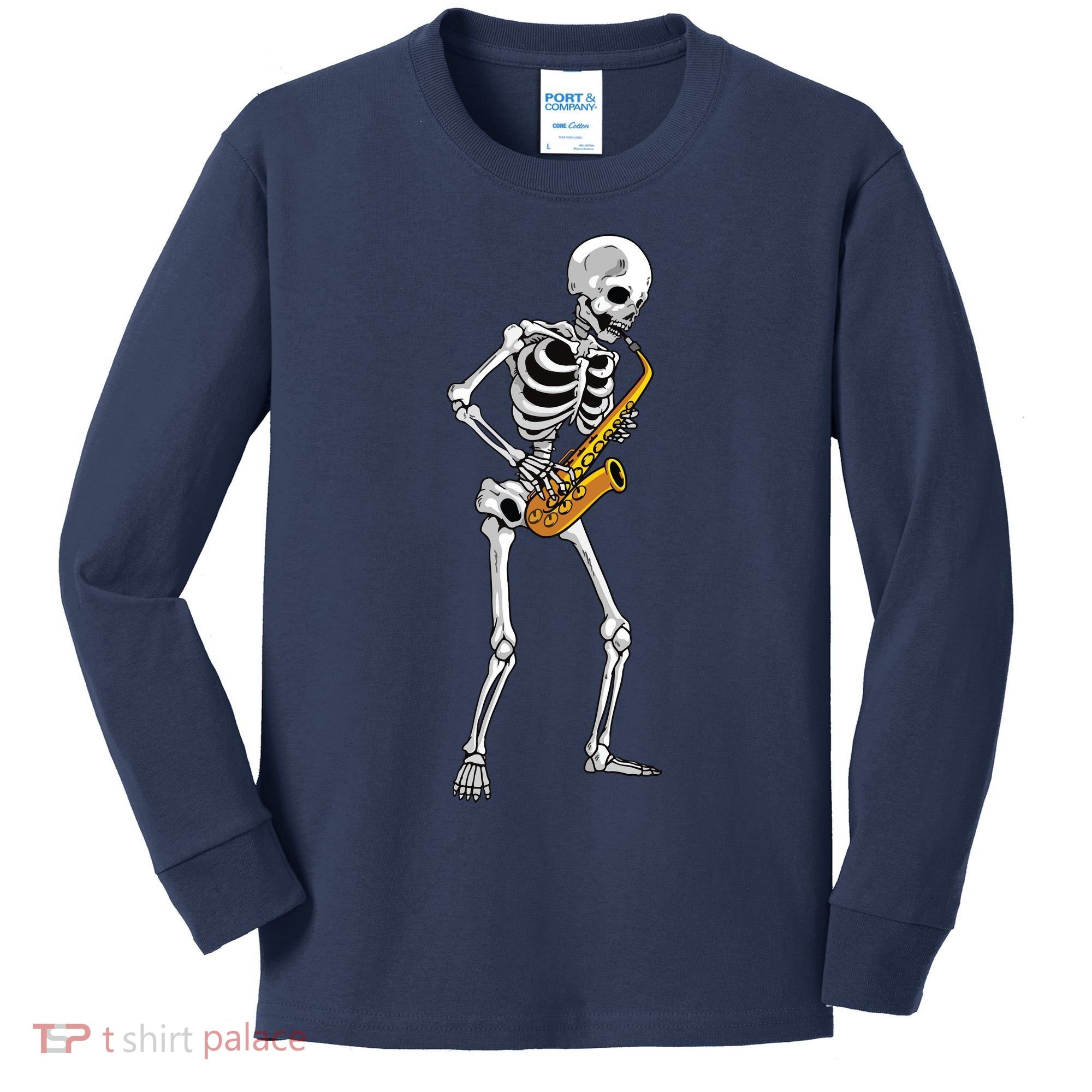 Funny Saxophone Skeleton For Men Women Saxophone Player Sax Kids Long Sleeve Shirt