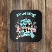 Freezing Season Skeleton Drinking Coffee Funny Winter Coaster thumb 0