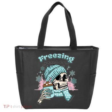 Freezing Season Skeleton Drinking Coffee Funny Winter Tote Bag