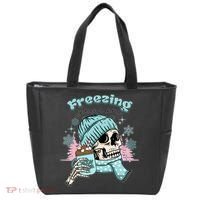 Freezing Season Skeleton Drinking Coffee Funny Winter Tote Bag thumb 0