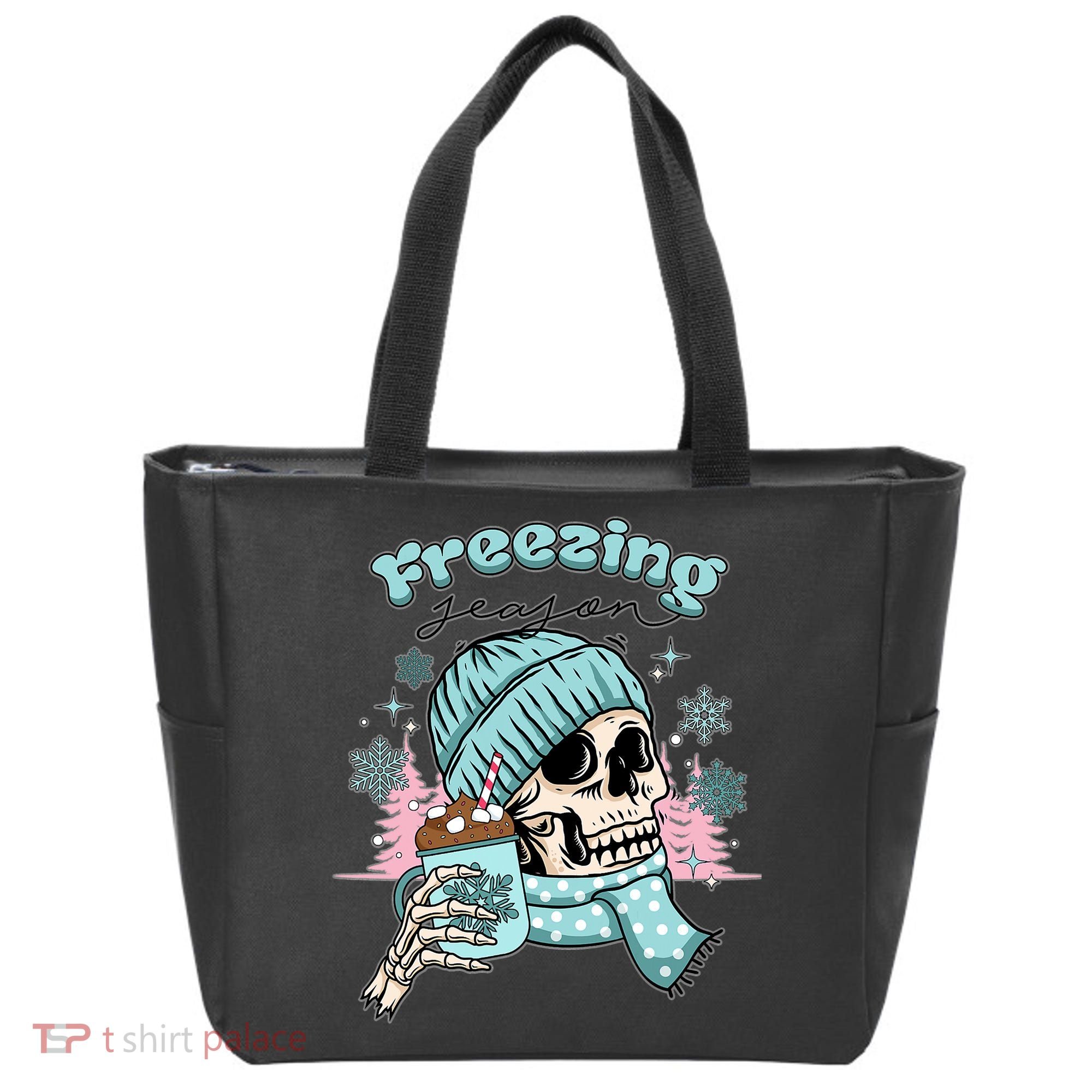 Freezing Season Skeleton Drinking Coffee Funny Winter Tote Bag