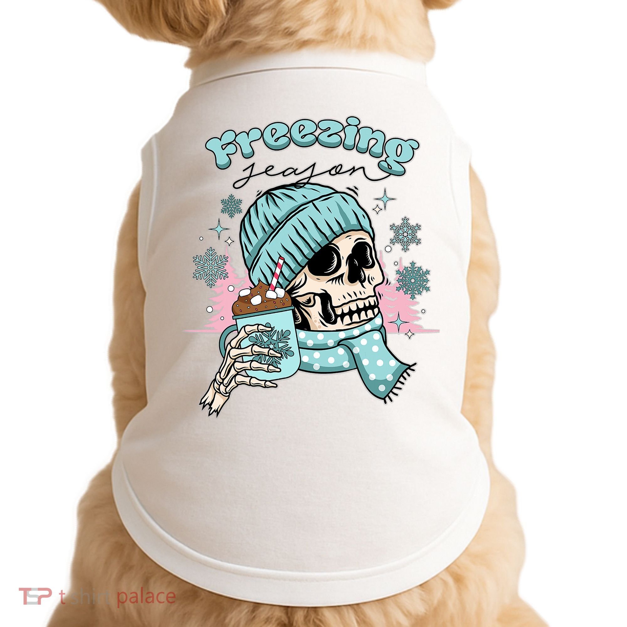 Freezing Season Skeleton Drinking Coffee Funny Winter Doggie Tank