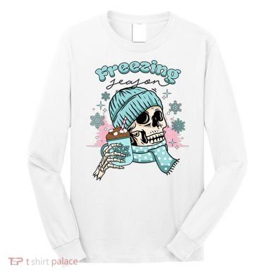 Freezing Season Skeleton Drinking Coffee Funny Winter Long Sleeve Shirt