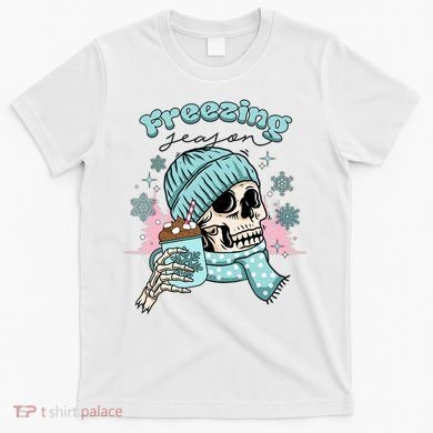 Freezing Season Skeleton Drinking Coffee Funny Winter T-Shirt