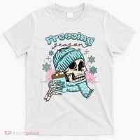 Freezing Season Skeleton Drinking Coffee Funny Winter T-Shirt thumb 0