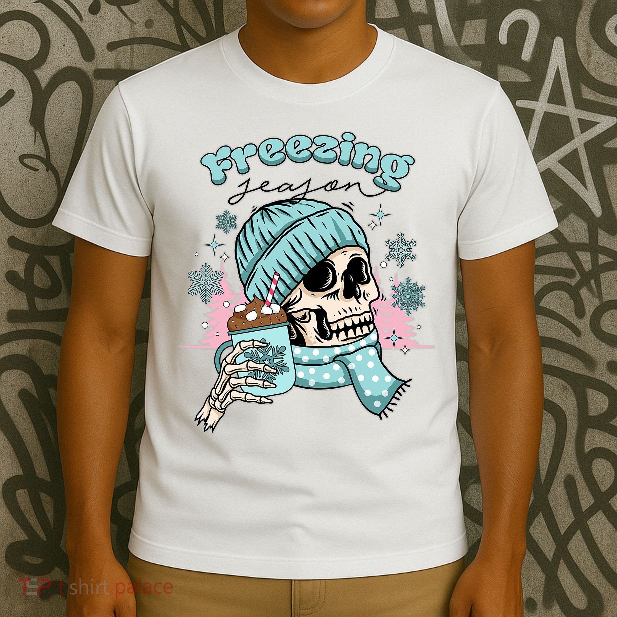 Freezing Season Skeleton Drinking Coffee Funny Winter T-Shirt