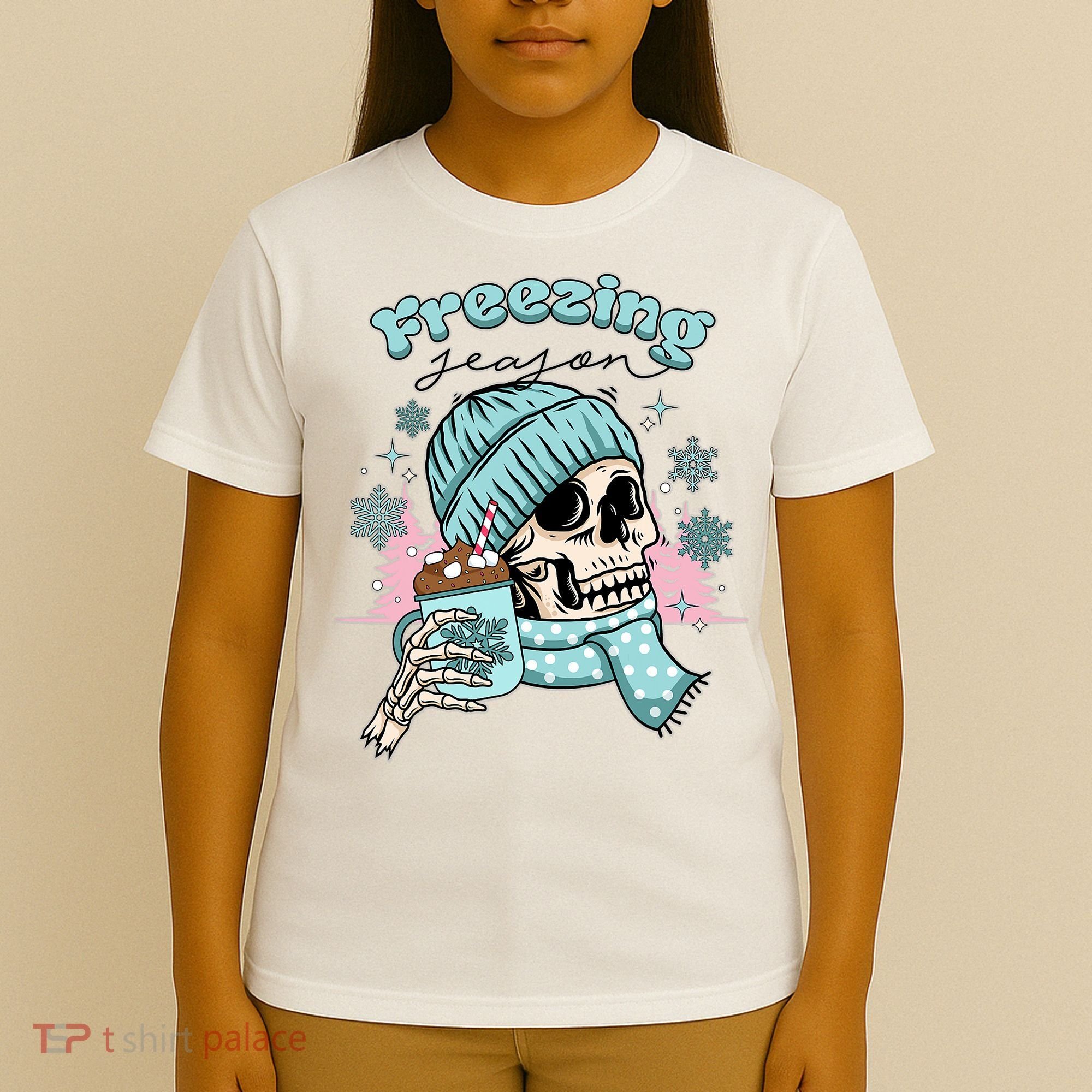 Freezing Season Skeleton Drinking Coffee Funny Winter T-Shirt