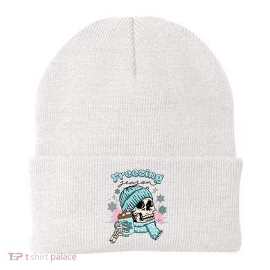Freezing Season Skeleton Drinking Coffee Funny Winter Beanie