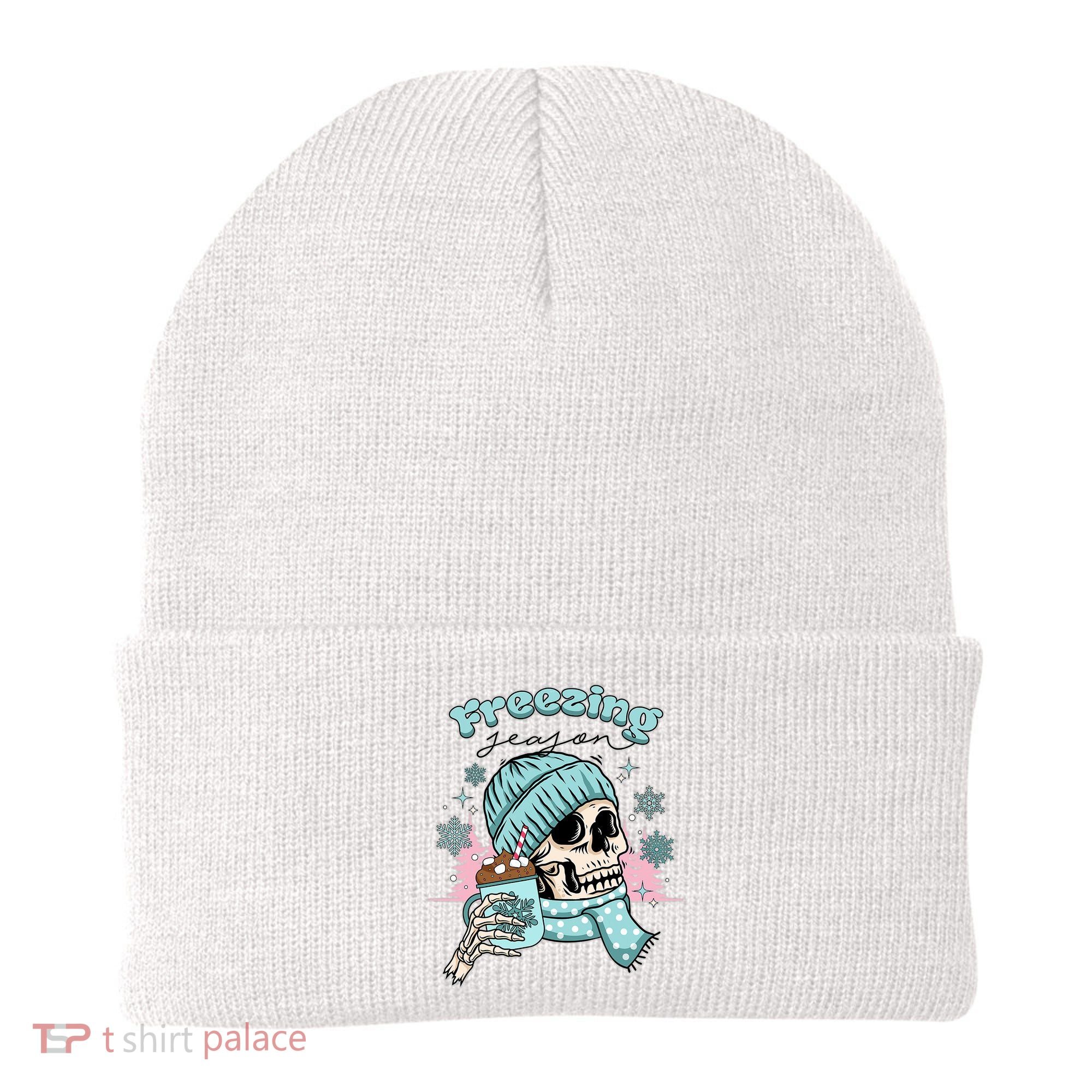 Freezing Season Skeleton Drinking Coffee Funny Winter Beanie