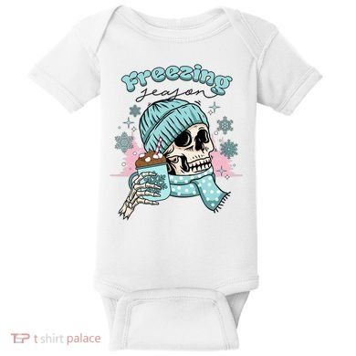 Freezing Season Skeleton Drinking Coffee Funny Winter Baby Bodysuit