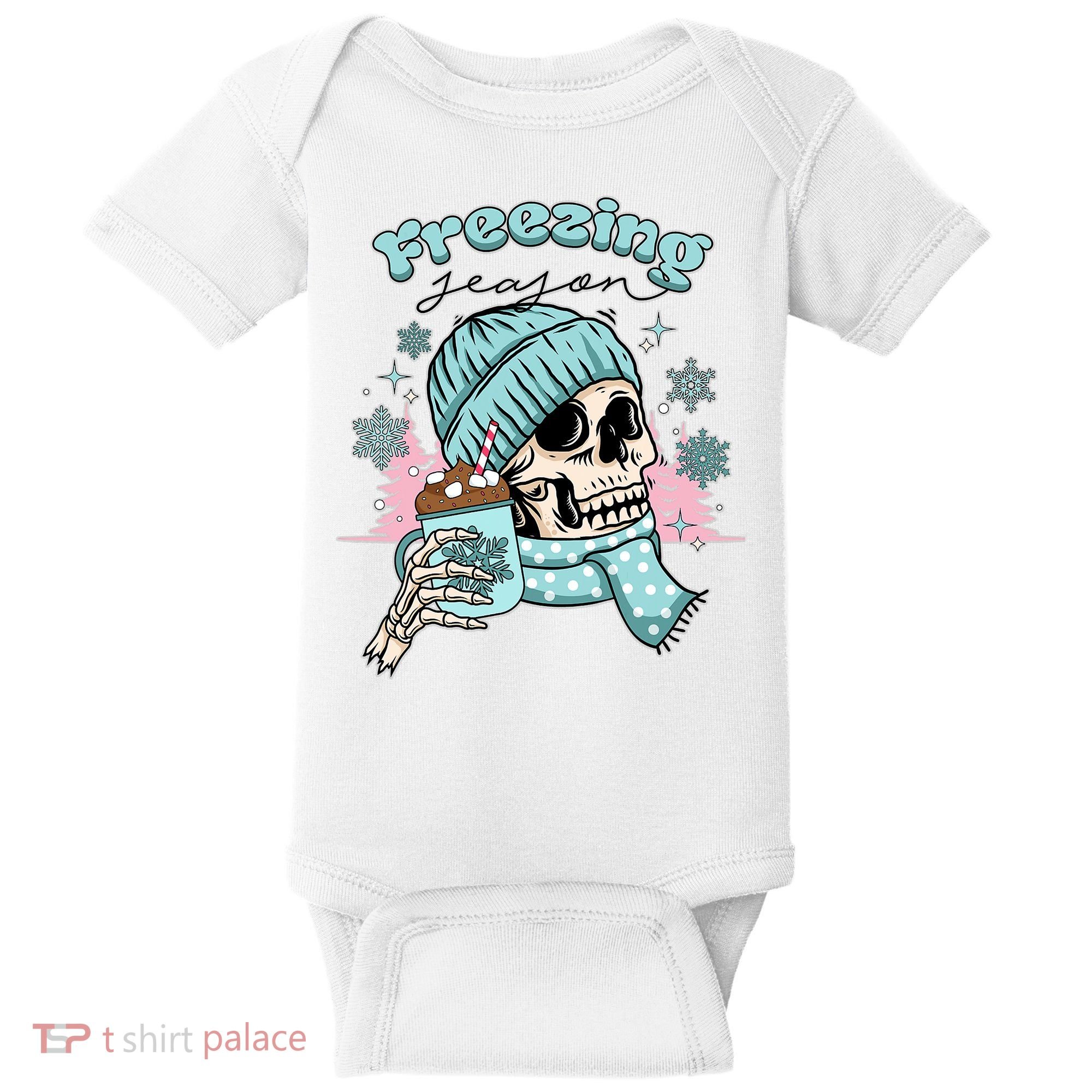 Freezing Season Skeleton Drinking Coffee Funny Winter Baby Bodysuit