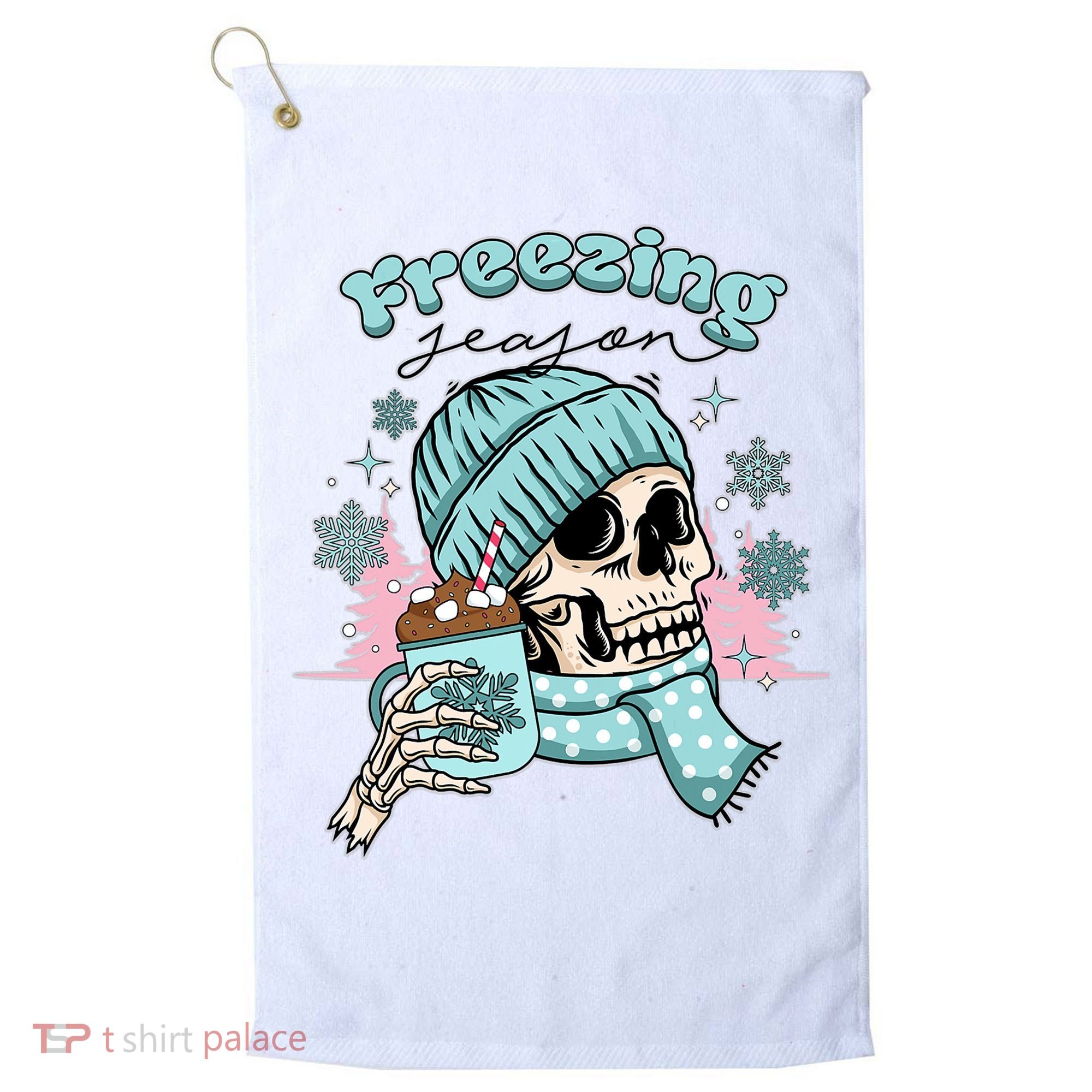 Freezing Season Skeleton Drinking Coffee Funny Winter Golf Towel