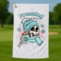 Freezing Season Skeleton Drinking Coffee Funny Winter Golf Towel thumb 1