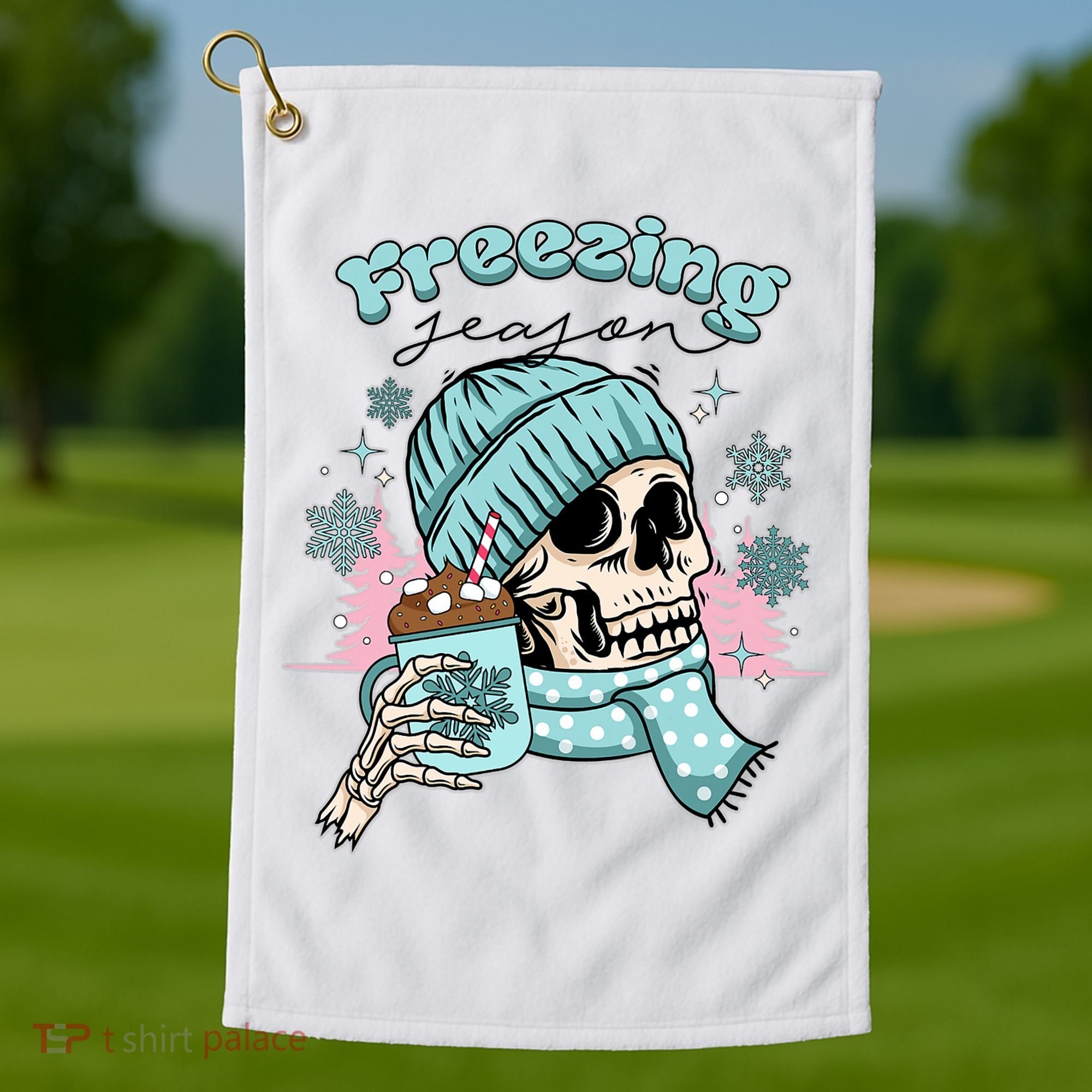 Freezing Season Skeleton Drinking Coffee Funny Winter Golf Towel