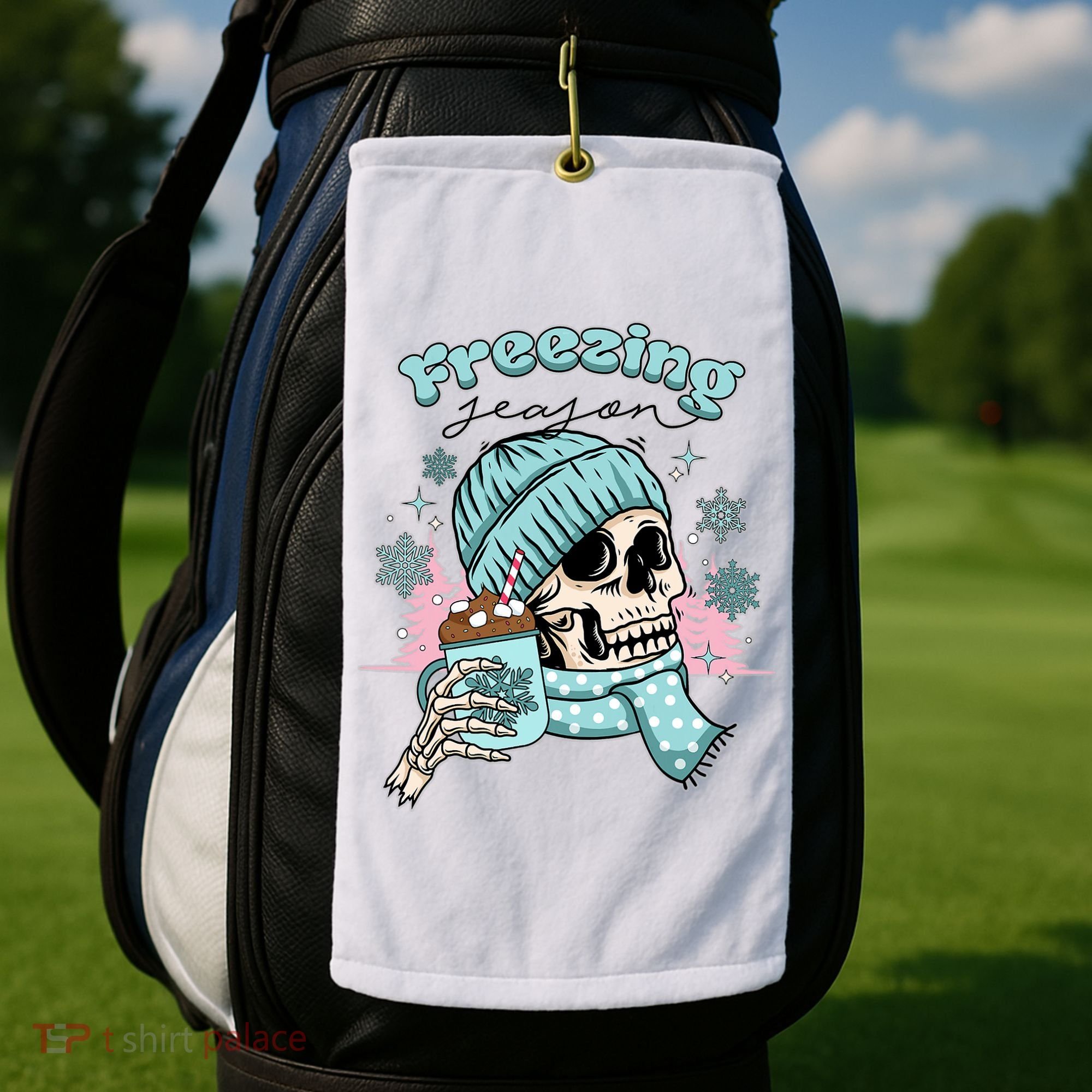 Freezing Season Skeleton Drinking Coffee Funny Winter Golf Towel