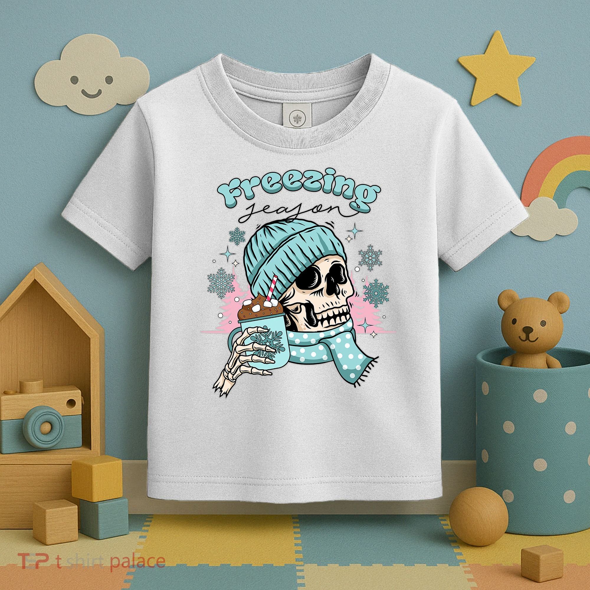 Freezing Season Skeleton Drinking Coffee Funny Winter Toddler T-Shirt