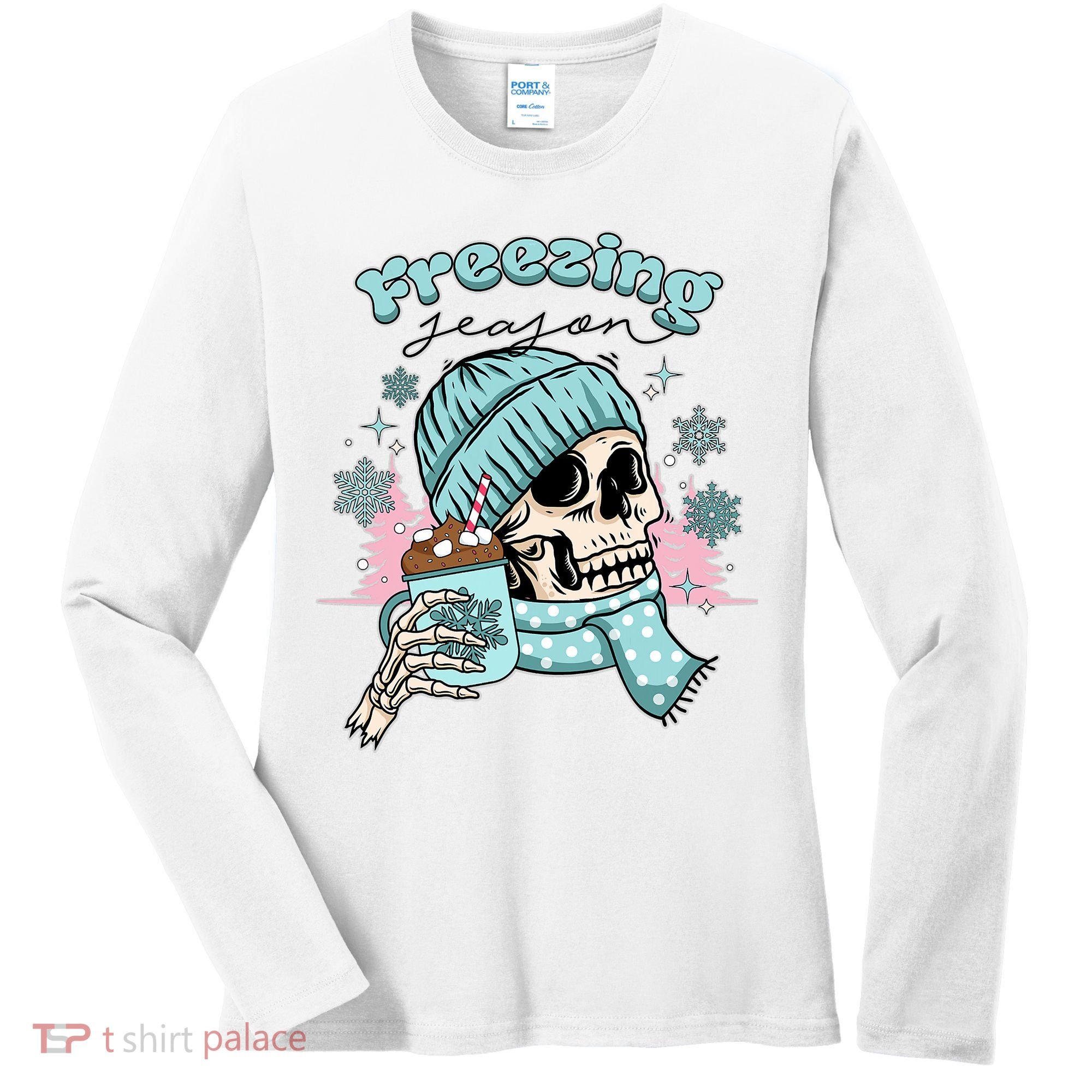 Freezing Season Skeleton Drinking Coffee Funny Winter Women's Long Sleeve Shirt