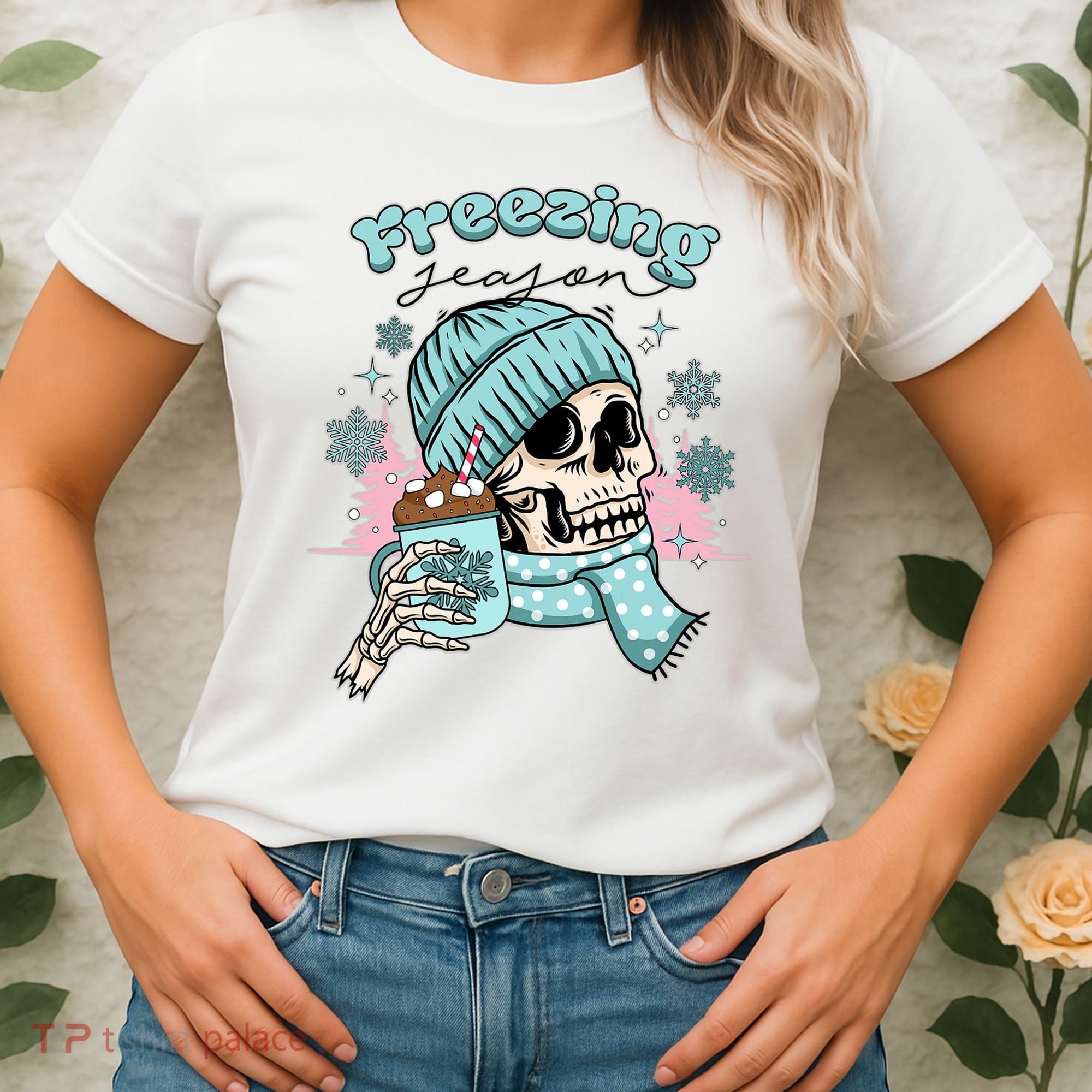 Freezing Season Skeleton Drinking Coffee Funny Winter Women's T-Shirt