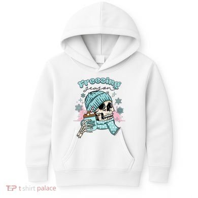 Freezing Season Skeleton Drinking Coffee Funny Winter Kids Hoodie