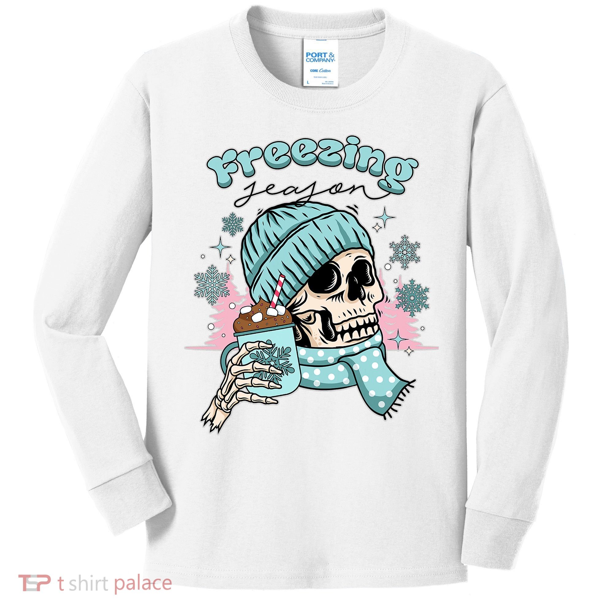 Freezing Season Skeleton Drinking Coffee Funny Winter Kids Long Sleeve Shirt
