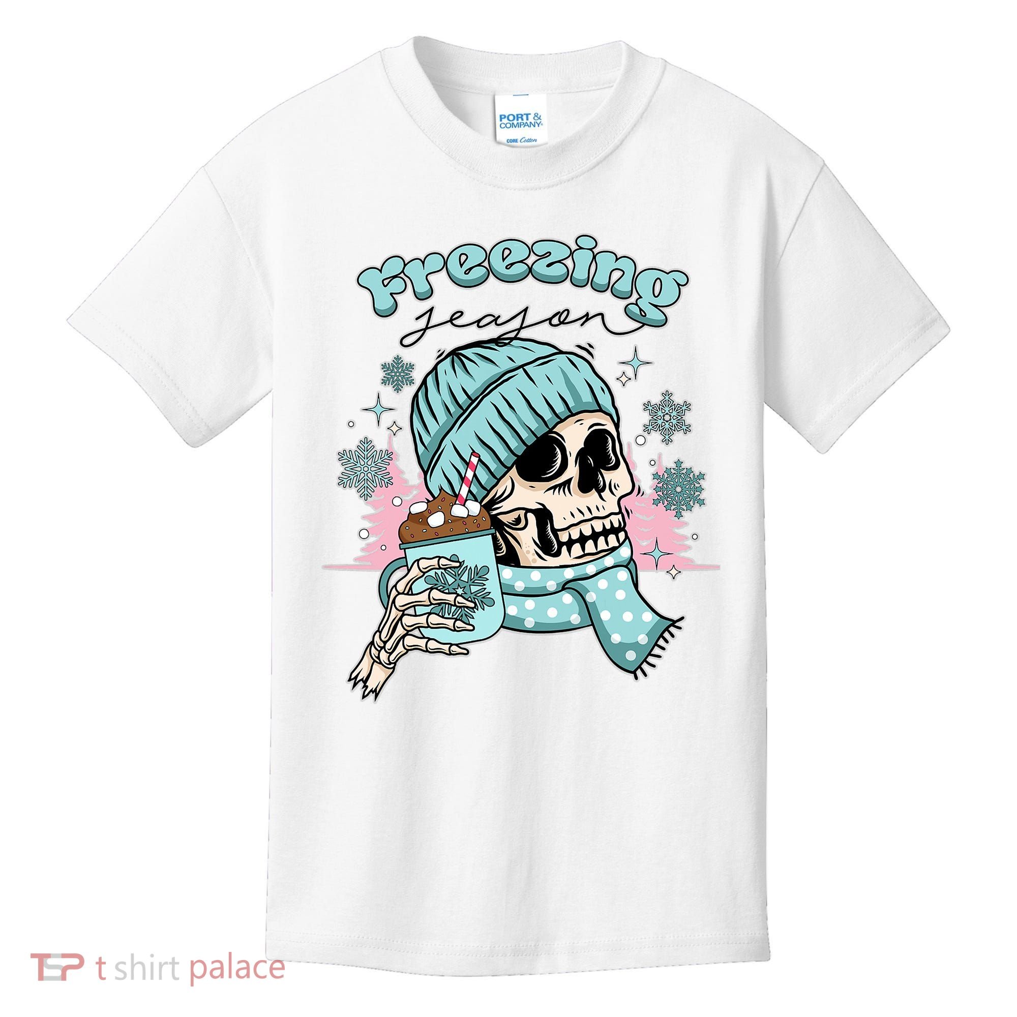 Freezing Season Skeleton Drinking Coffee Funny Winter Kids T-Shirt