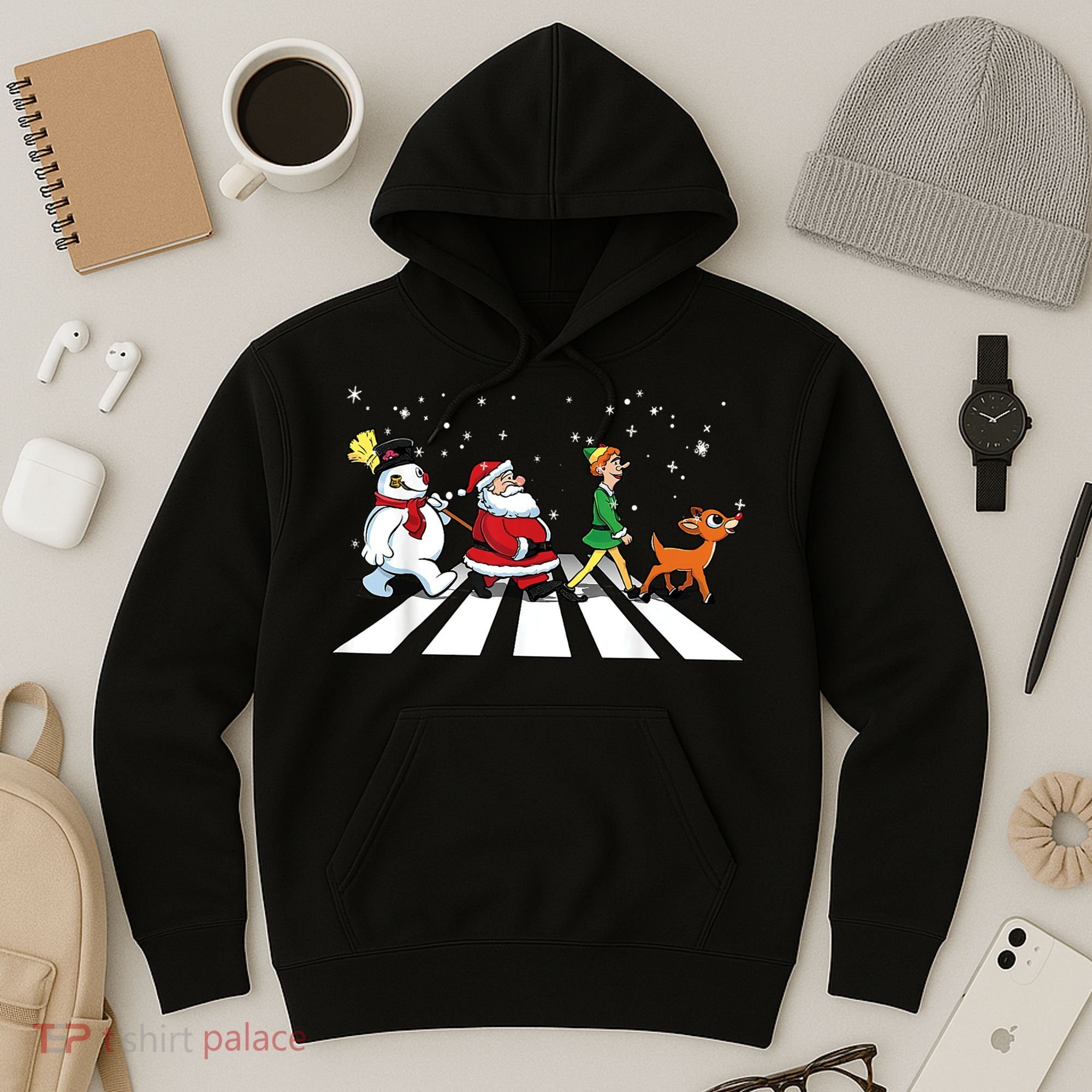 Funny Santa Snowman Elf Reindeer Christmas Abbeys Road Hoodie