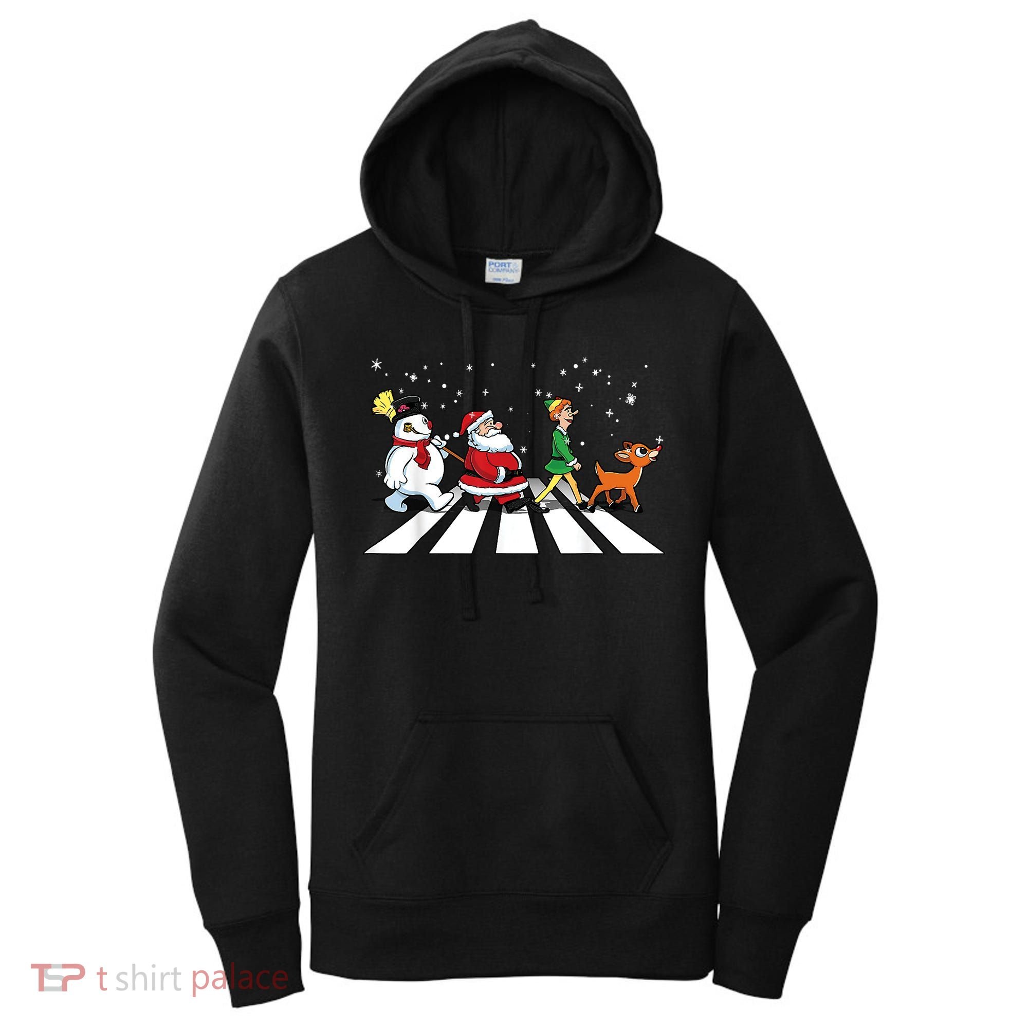 Funny Santa Snowman Elf Reindeer Christmas Abbeys Road Women's Hoodie