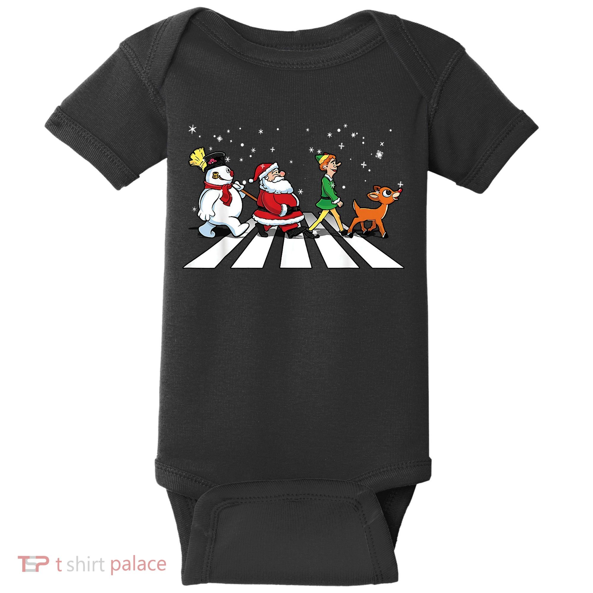 Funny Santa Snowman Elf Reindeer Christmas Abbeys Road Baby Bodysuit