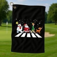 Funny Santa Snowman Elf Reindeer Christmas Abbeys Road Golf Towel thumb 1